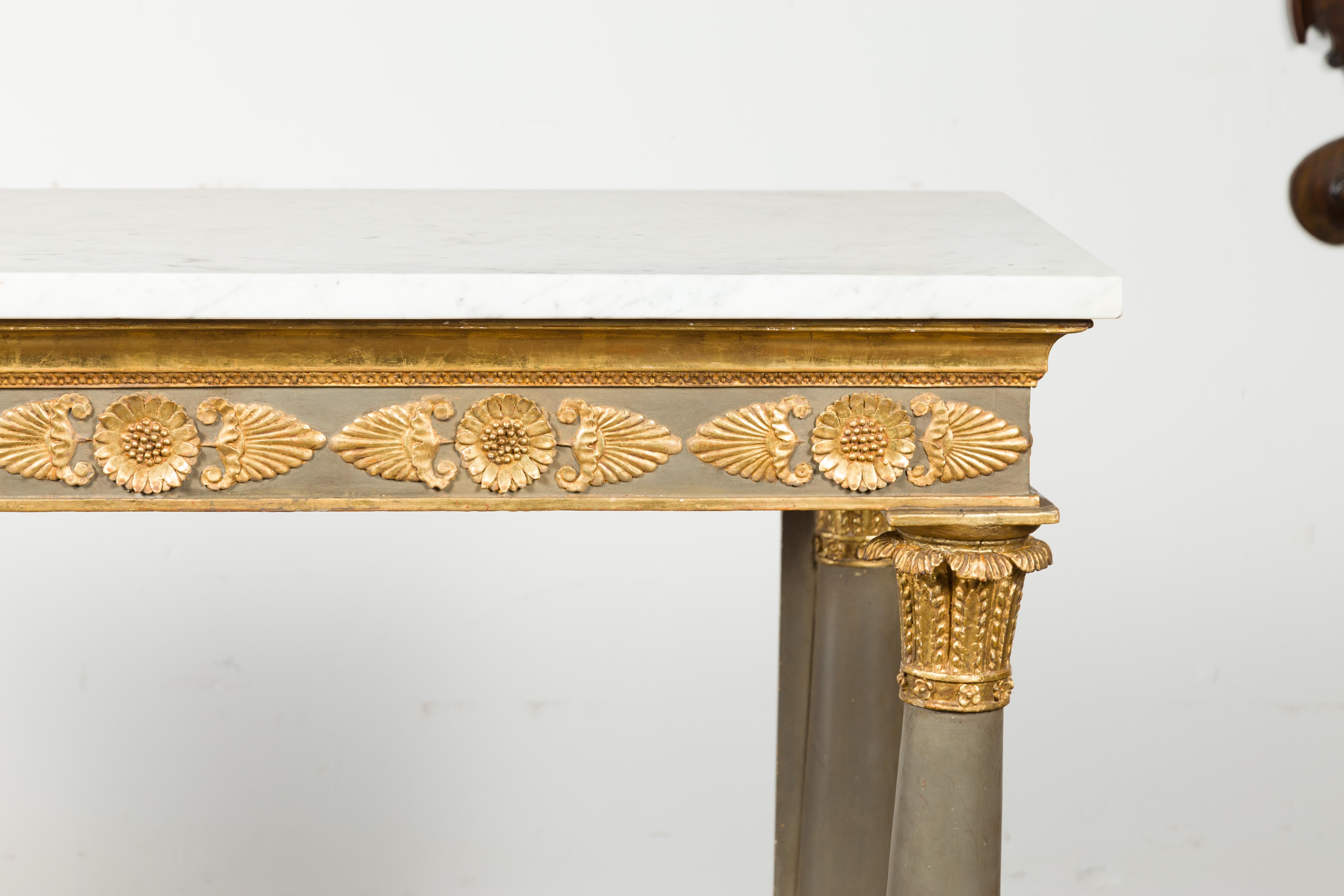 French 1830s Empire Console Table with White Marble Top and Carved Palmettes 3