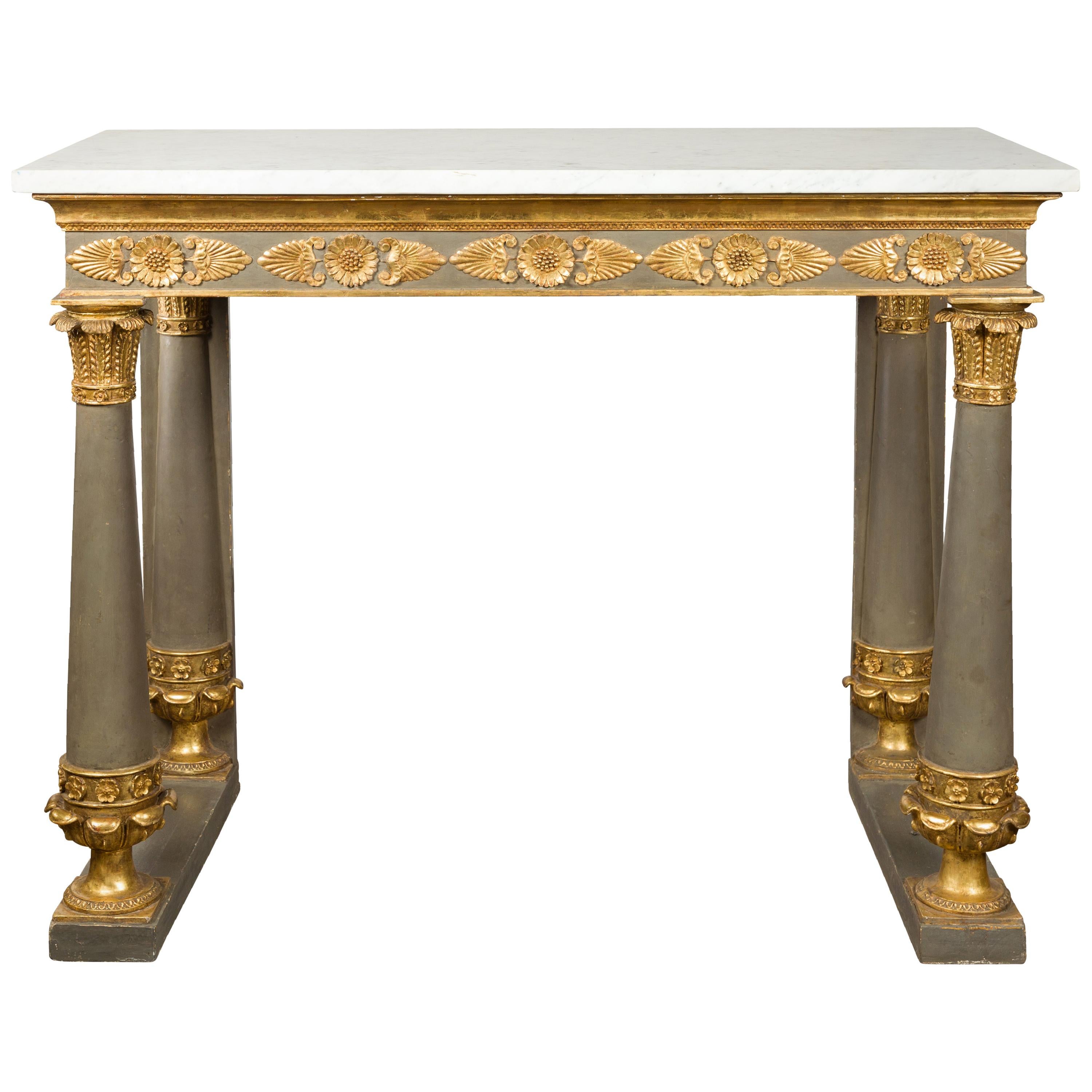 French 1830s Empire Console Table with White Marble Top and Carved Palmettes