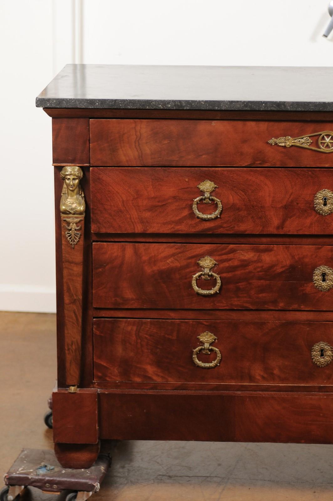 French 1830s Empire Style Four-Drawer Mahogany Commode with Bronze Mounts In Good Condition In Atlanta, GA