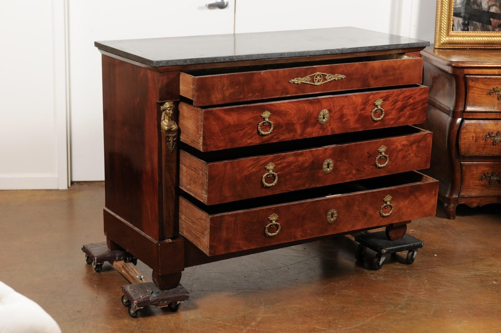 French 1830s Empire Style Four-Drawer Mahogany Commode with Bronze Mounts 1