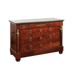 French 1830s Empire Style Four-Drawer Mahogany Commode with Bronze Mounts