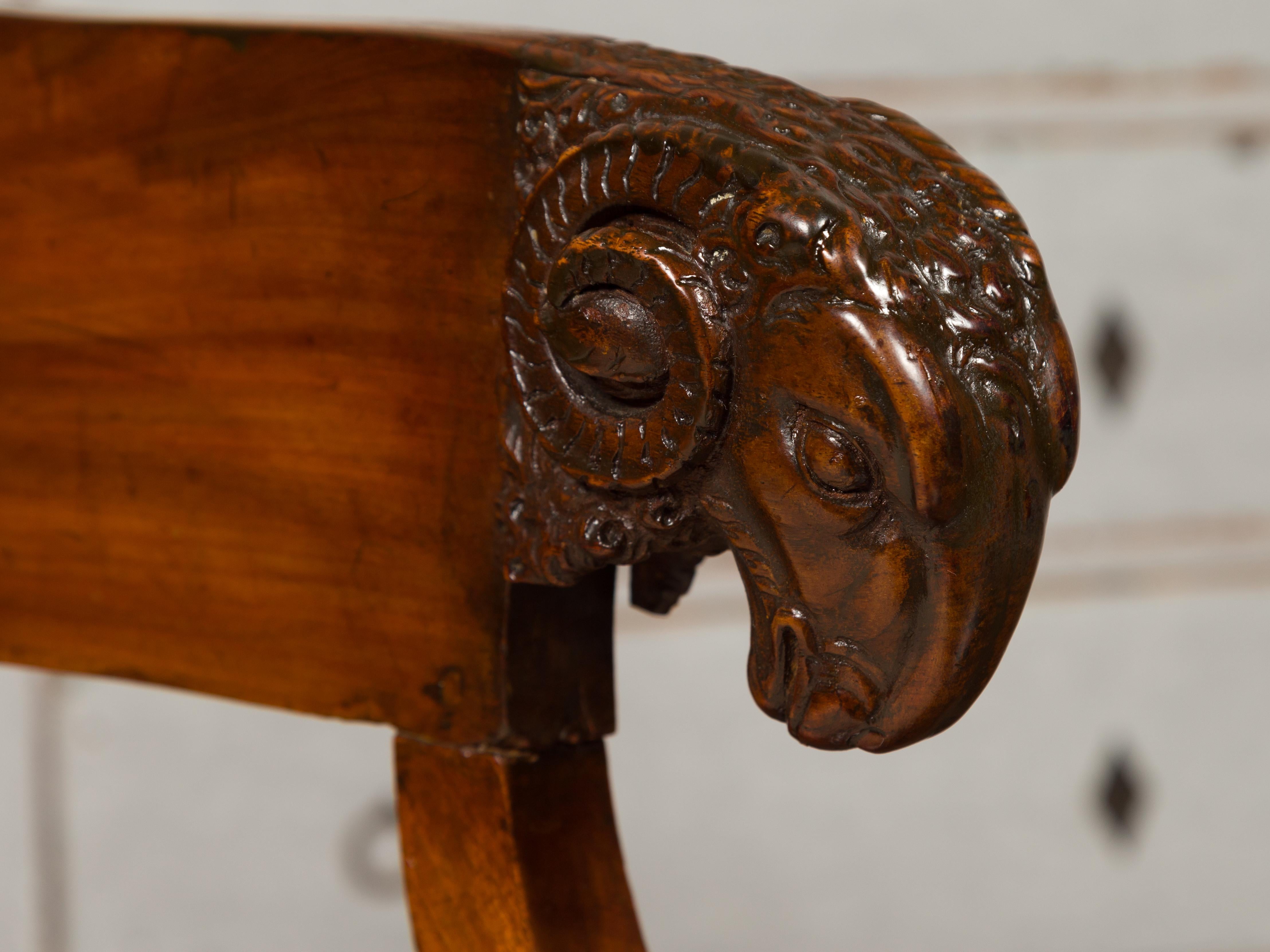 French 1830s Restauration Period Mahogany Armchair with Carved Rams' Heads For Sale 8