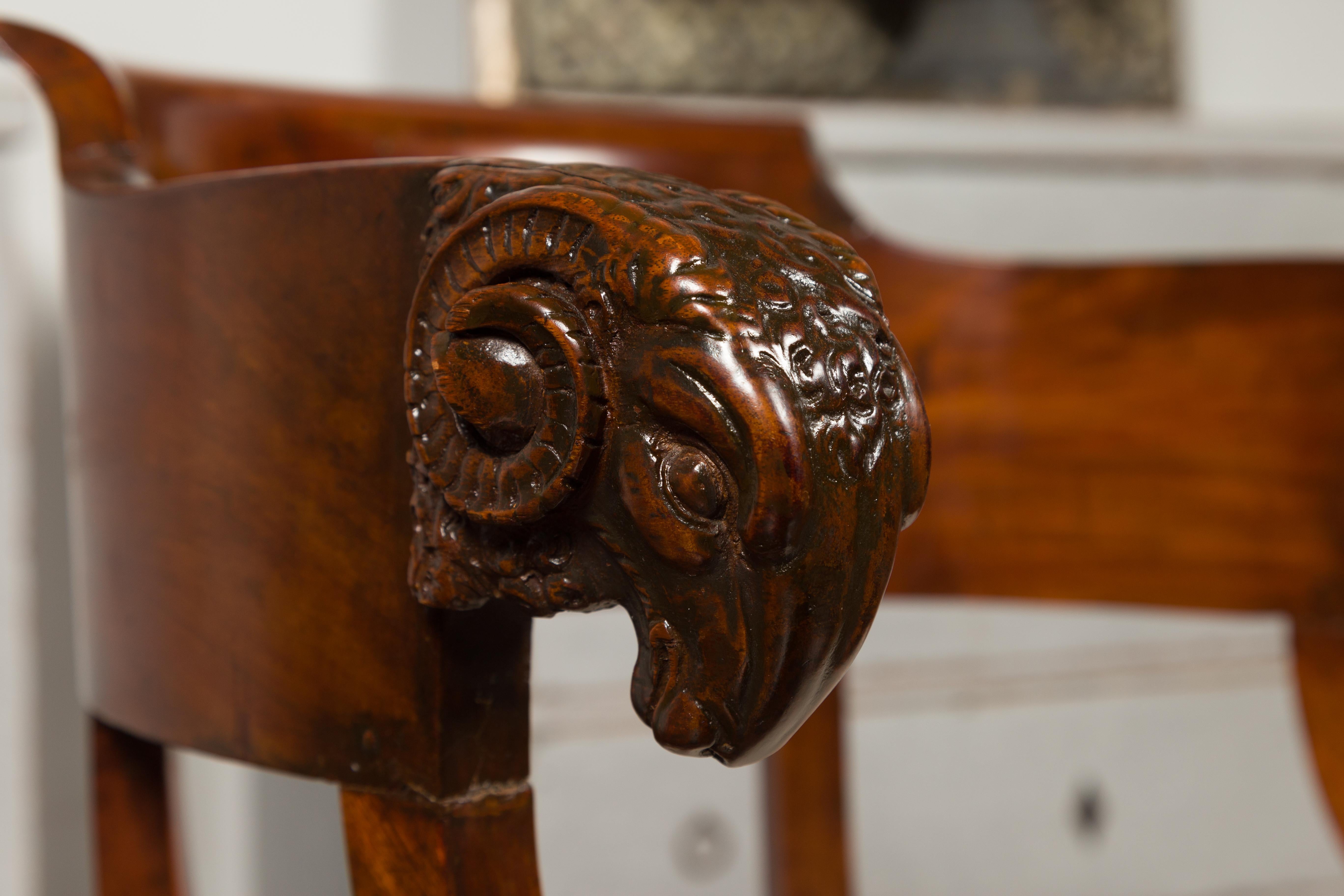 French 1830s Restauration Period Mahogany Armchair with Carved Rams' Heads For Sale 9