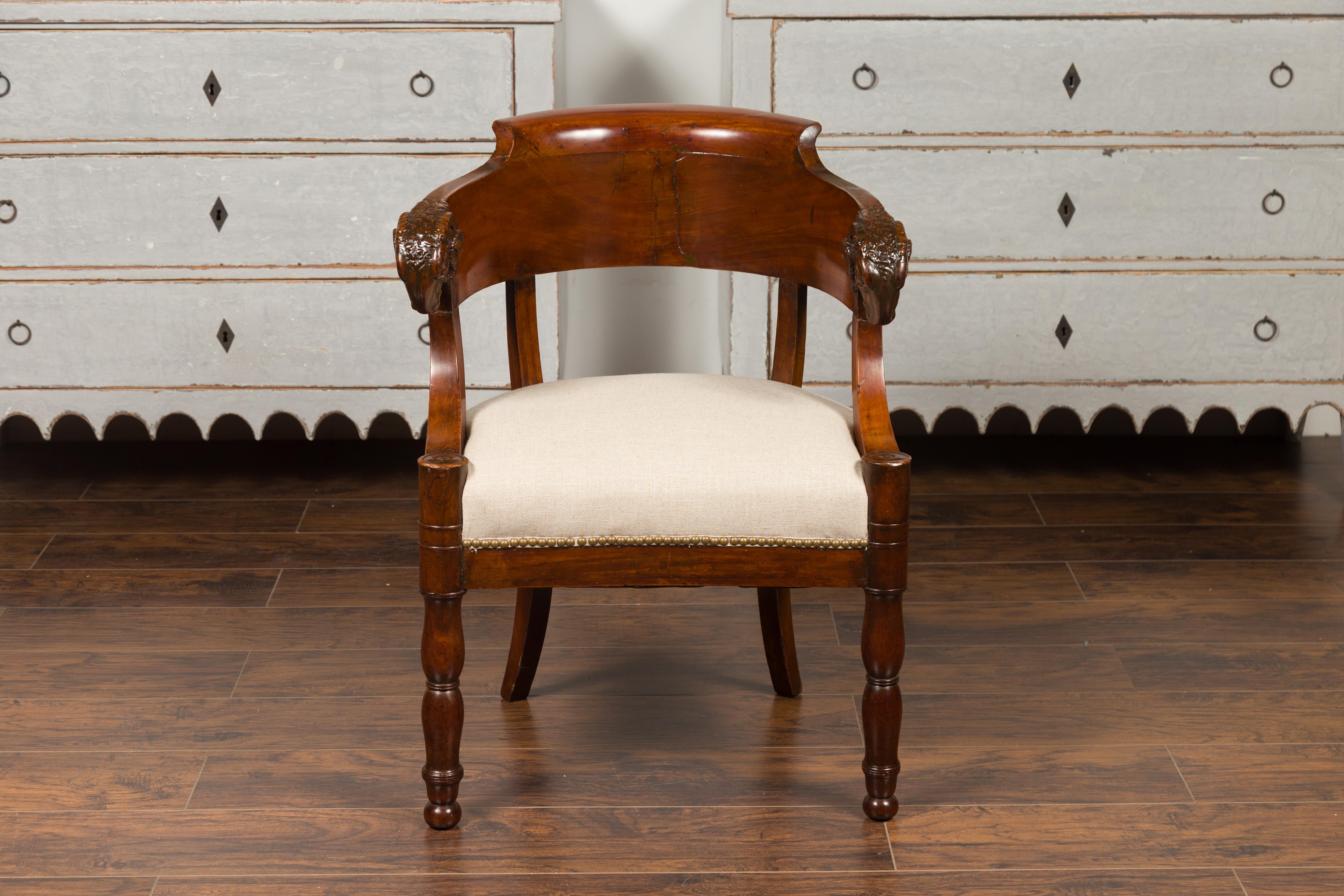 French 1830s Restauration Period Mahogany Armchair with Carved Rams' Heads For Sale 11