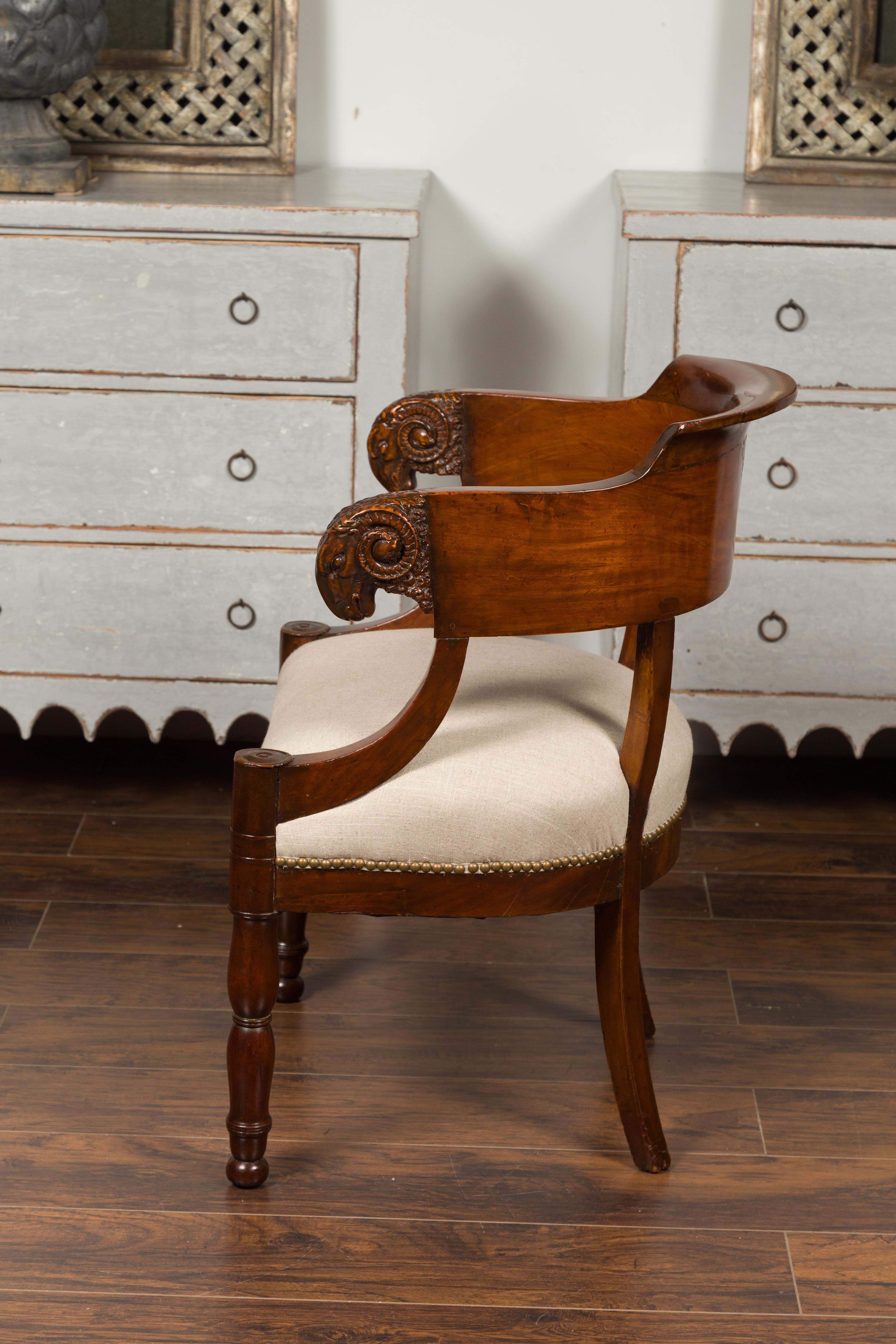 French 1830s Restauration Period Mahogany Armchair with Carved Rams' Heads For Sale 2