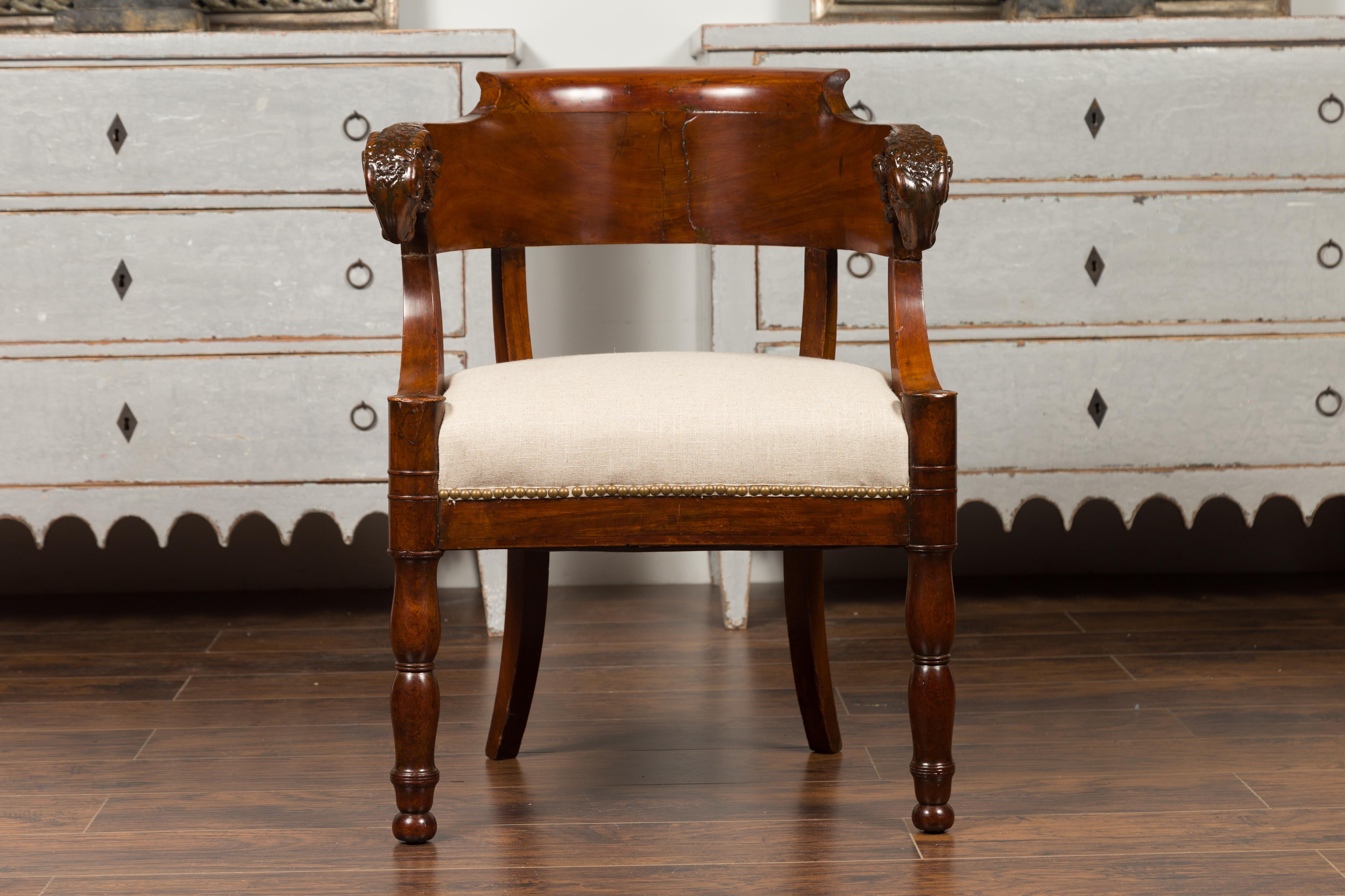 French 1830s Restauration Period Mahogany Armchair with Carved Rams' Heads For Sale 3