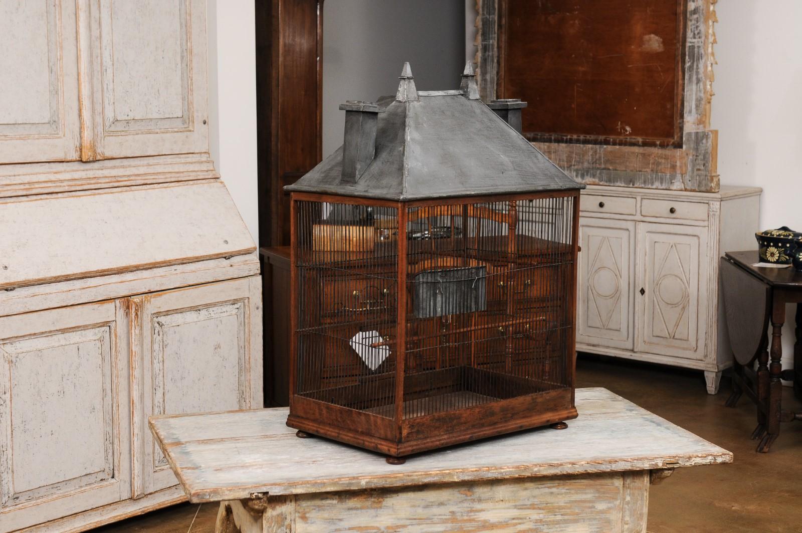 French 1830s Restauration Rustic House-Shaped Bird Cage with Slanted Roof 3