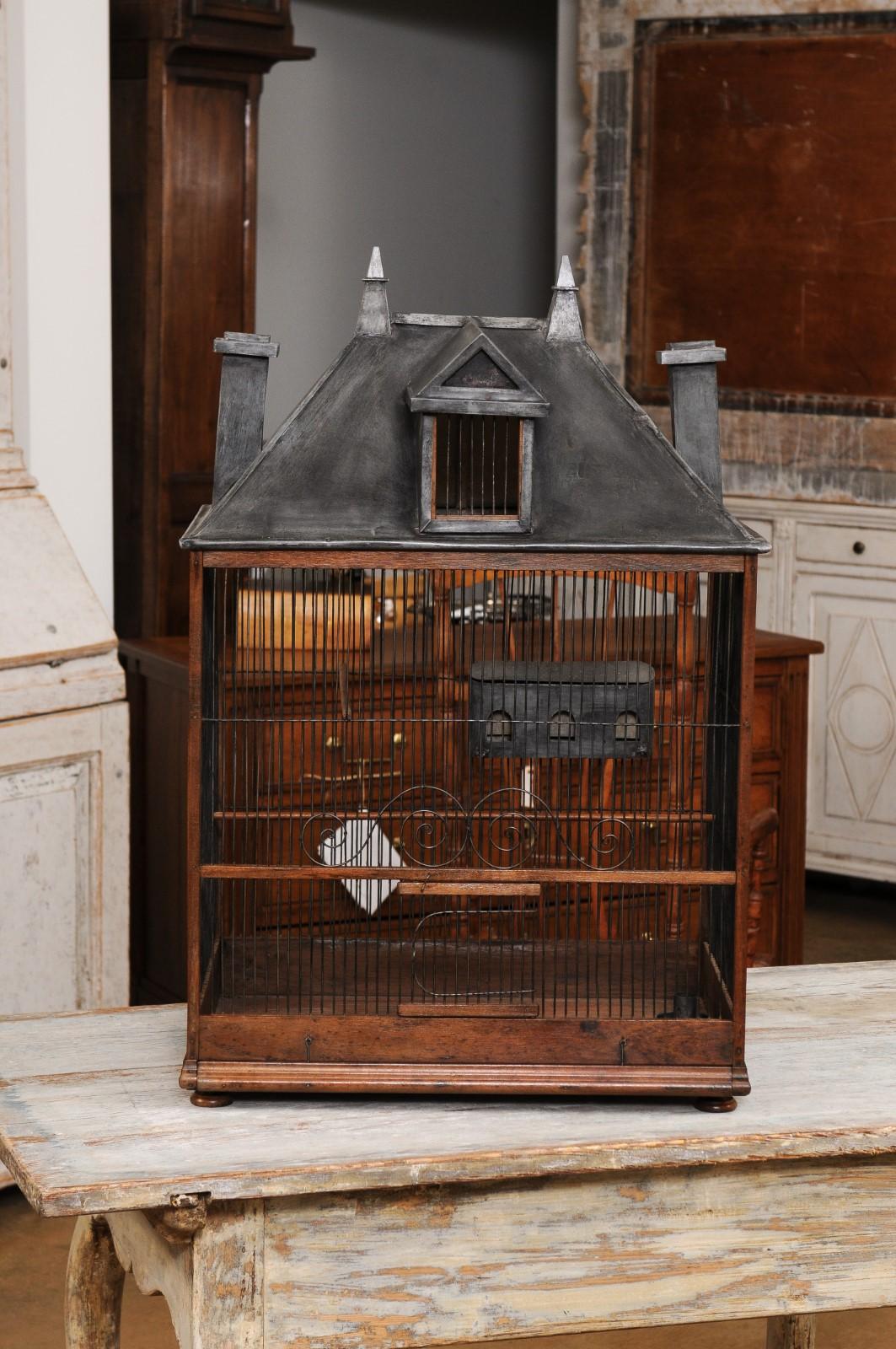 French 1830s Restauration Rustic House-Shaped Bird Cage with Slanted Roof 5
