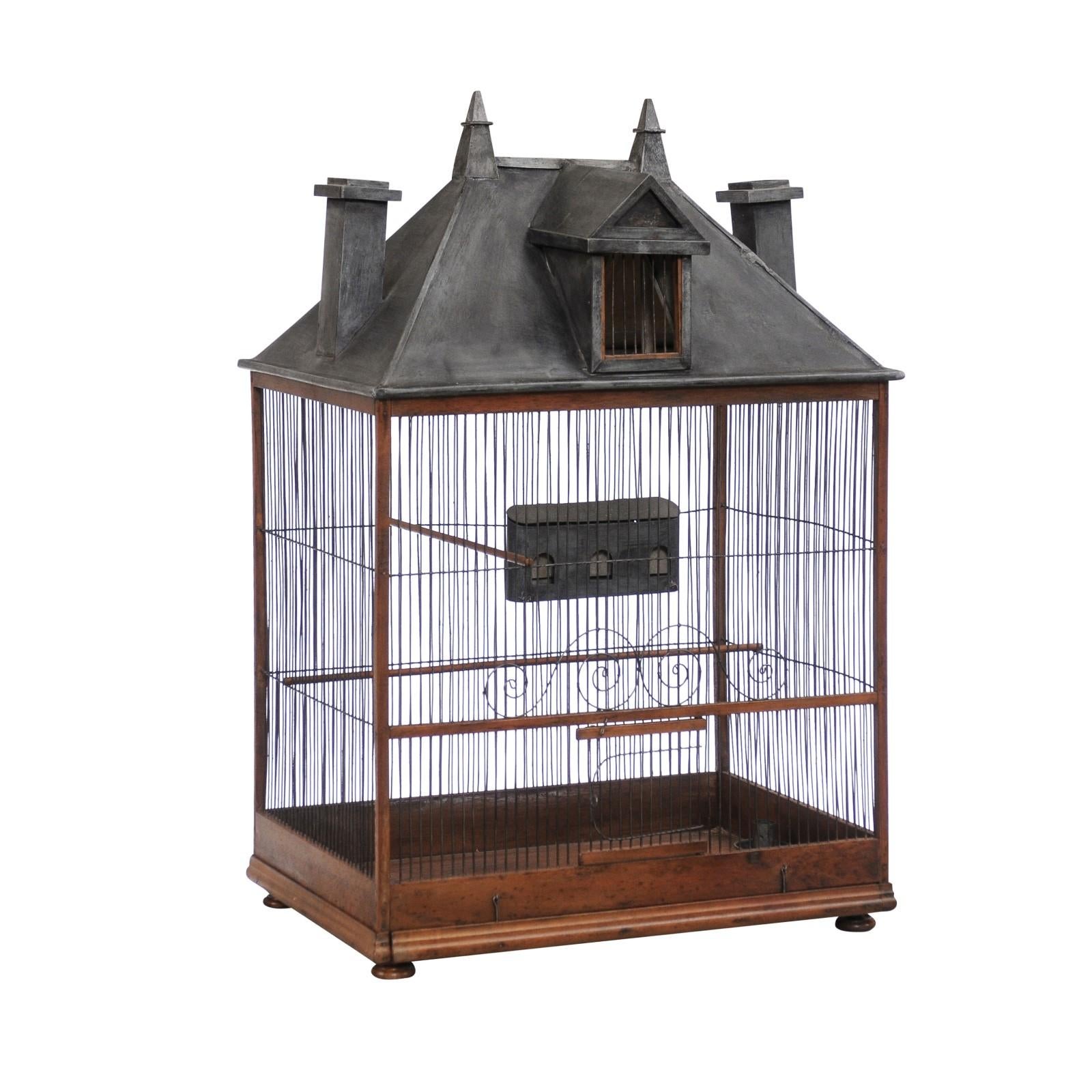 French 1830s Restauration Rustic House-Shaped Bird Cage with Slanted Roof 6