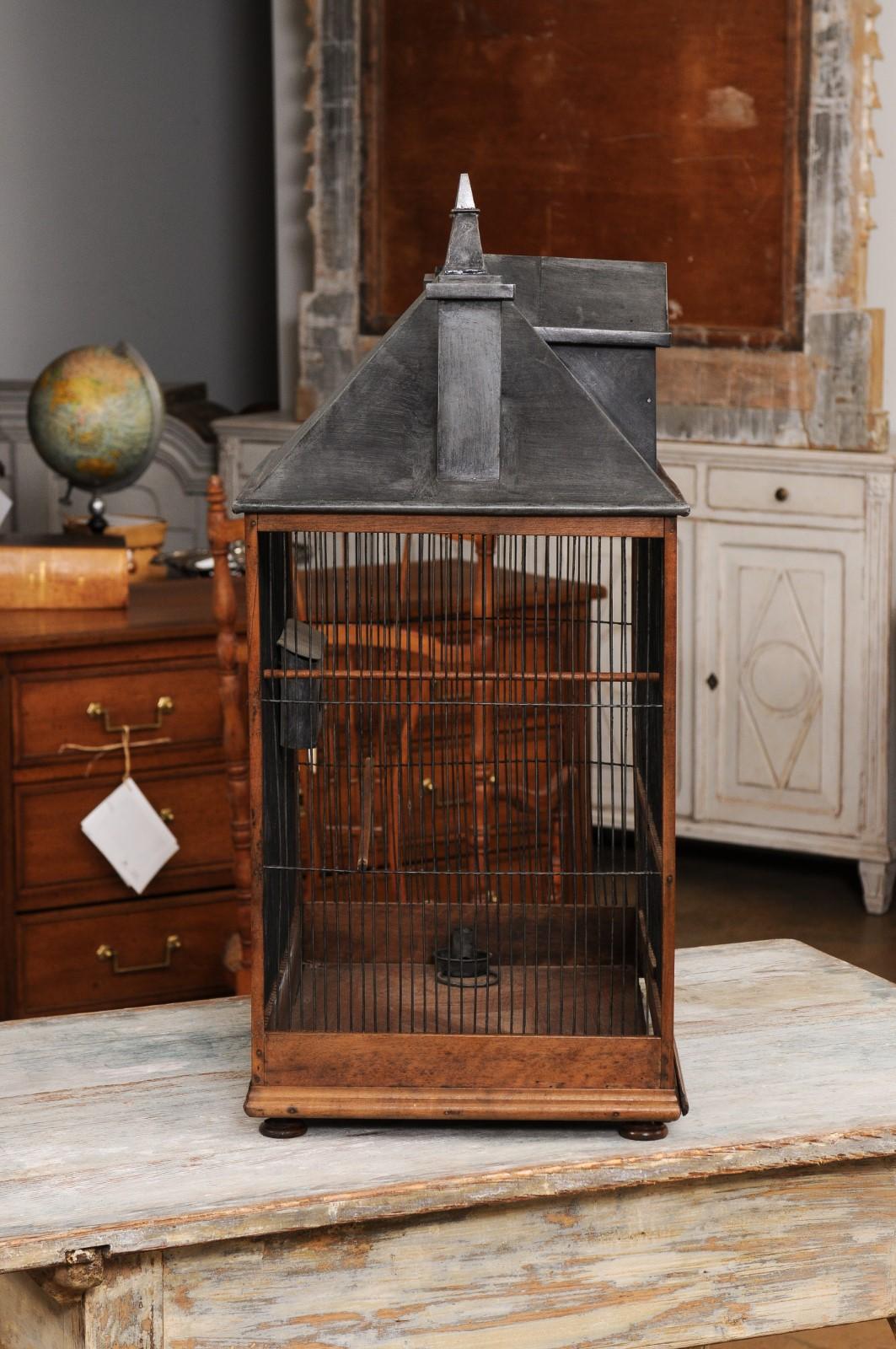 Tin French 1830s Restauration Rustic House-Shaped Bird Cage with Slanted Roof