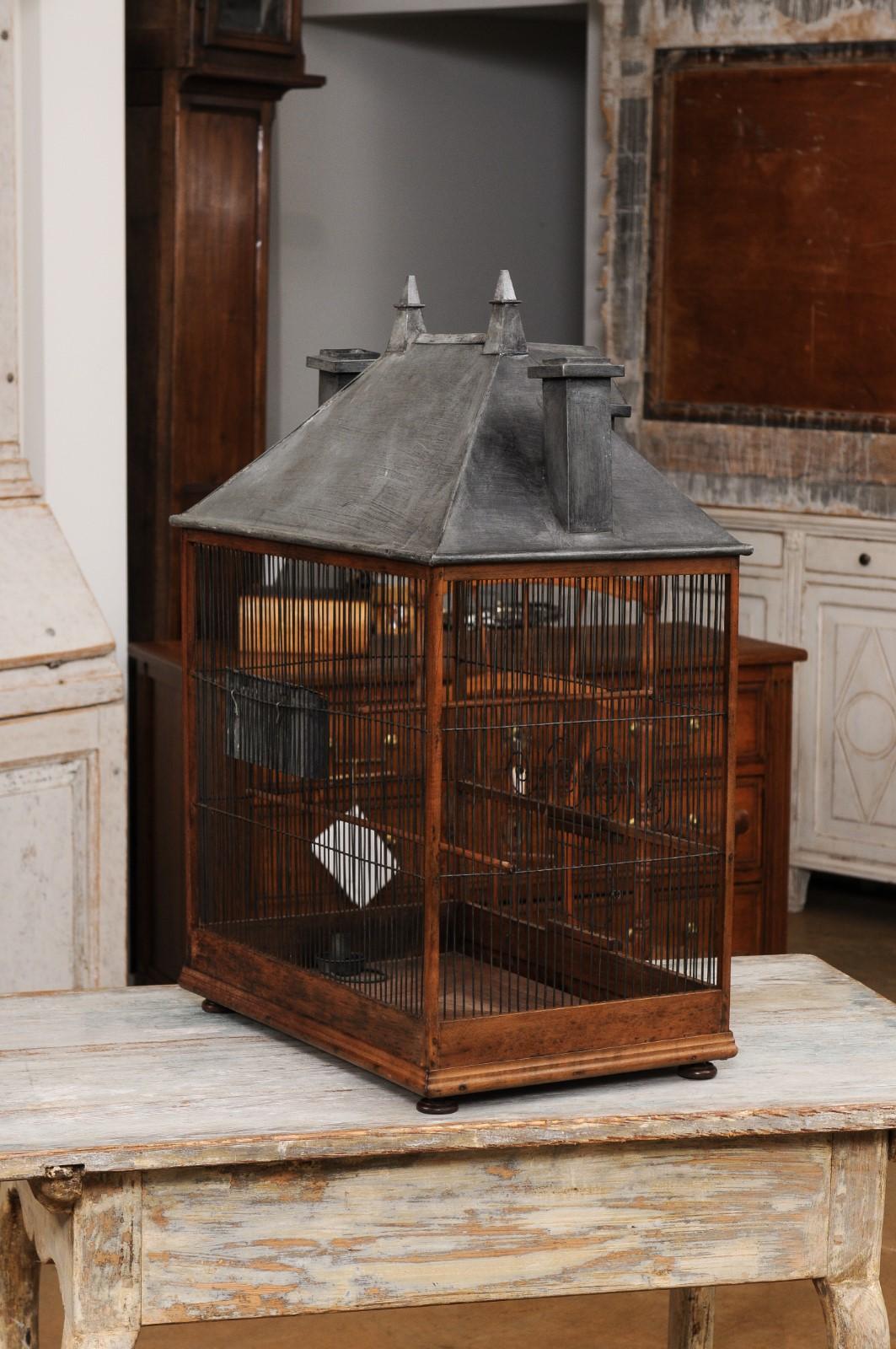 French 1830s Restauration Rustic House-Shaped Bird Cage with Slanted Roof 1