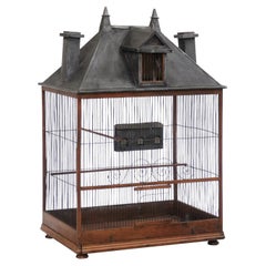 Antique French 1830s Restauration Rustic House-Shaped Bird Cage with Slanted Roof