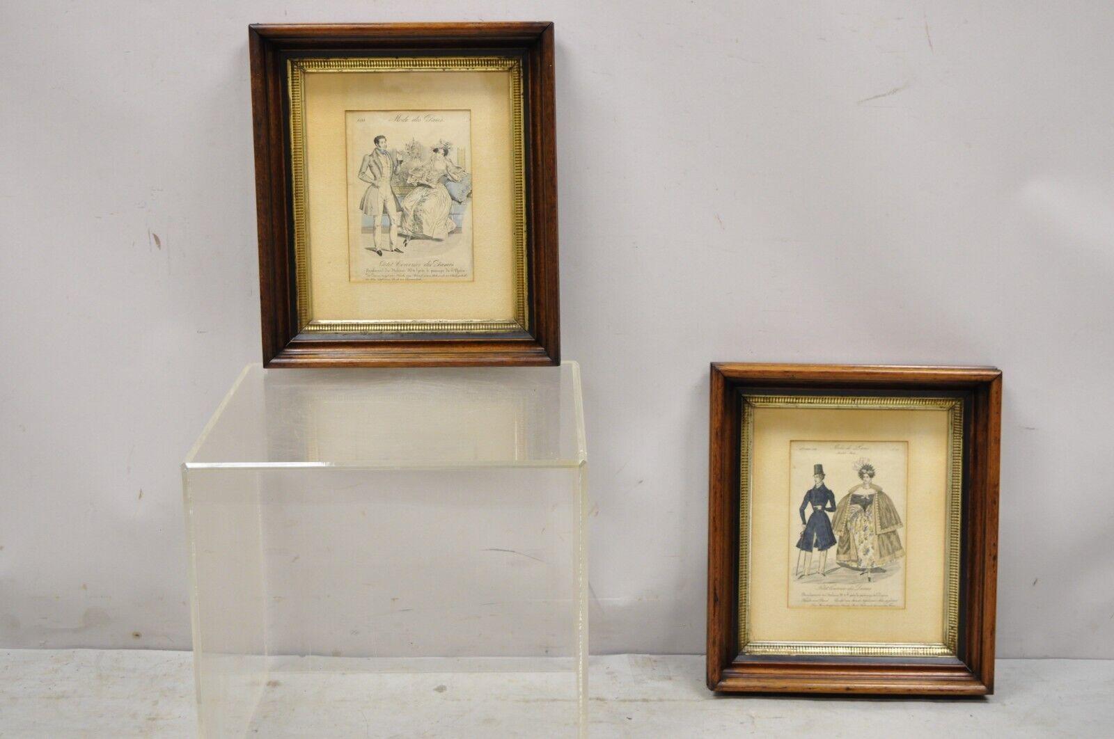 French 1830s Victorian Lithograph Print Couple Fashion Gown in Frames, a Pair For Sale 7