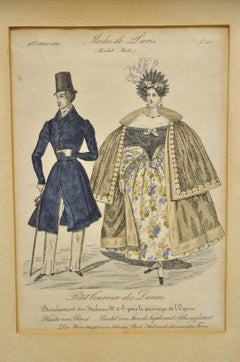 French 1830s Victorian Lithograph Print Couple Fashion Gown in Frames, a Pair