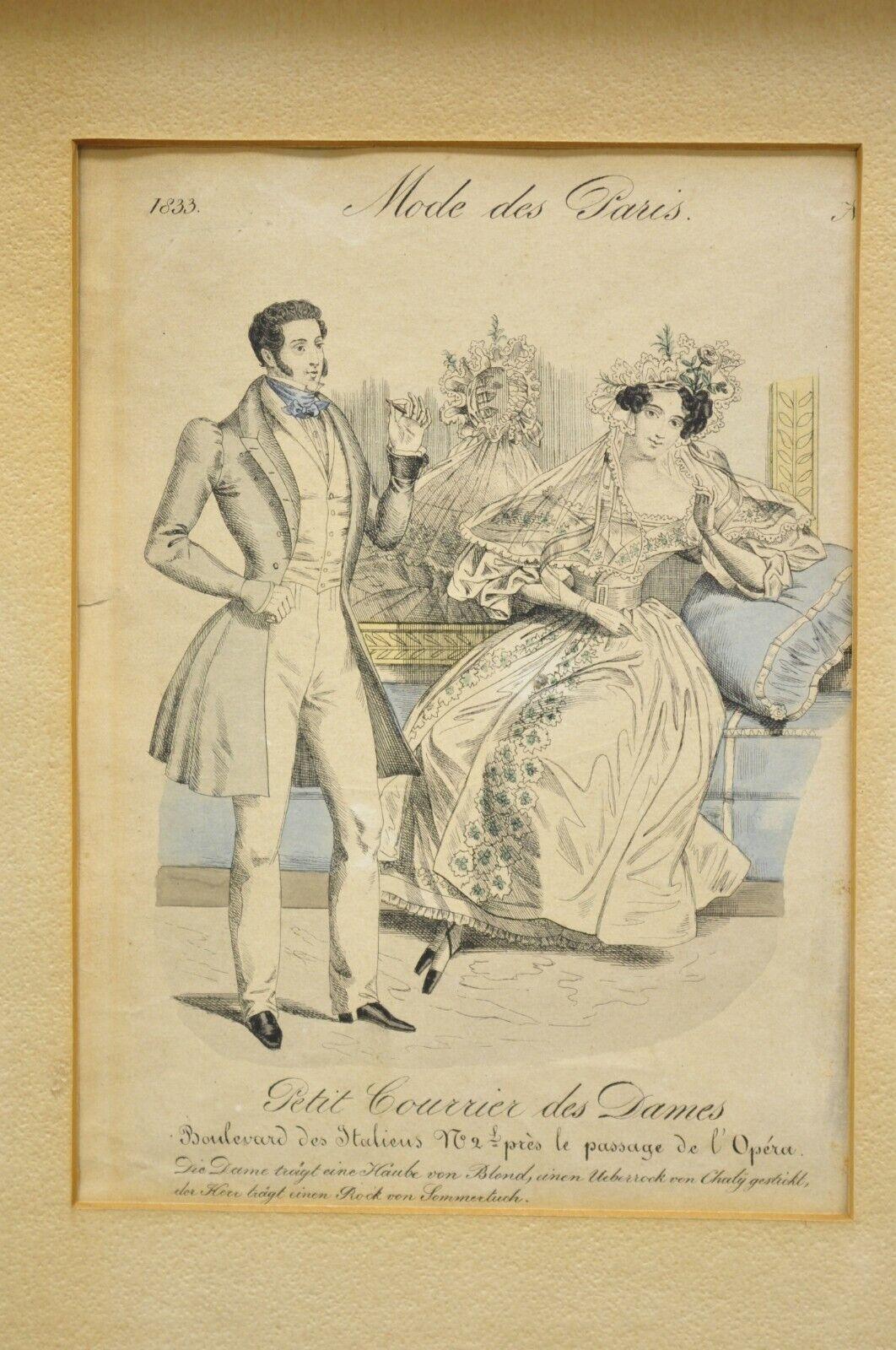 French 1830s Victorian Lithograph Print Couple Fashion Gown in Frames, a Pair In Good Condition For Sale In Philadelphia, PA