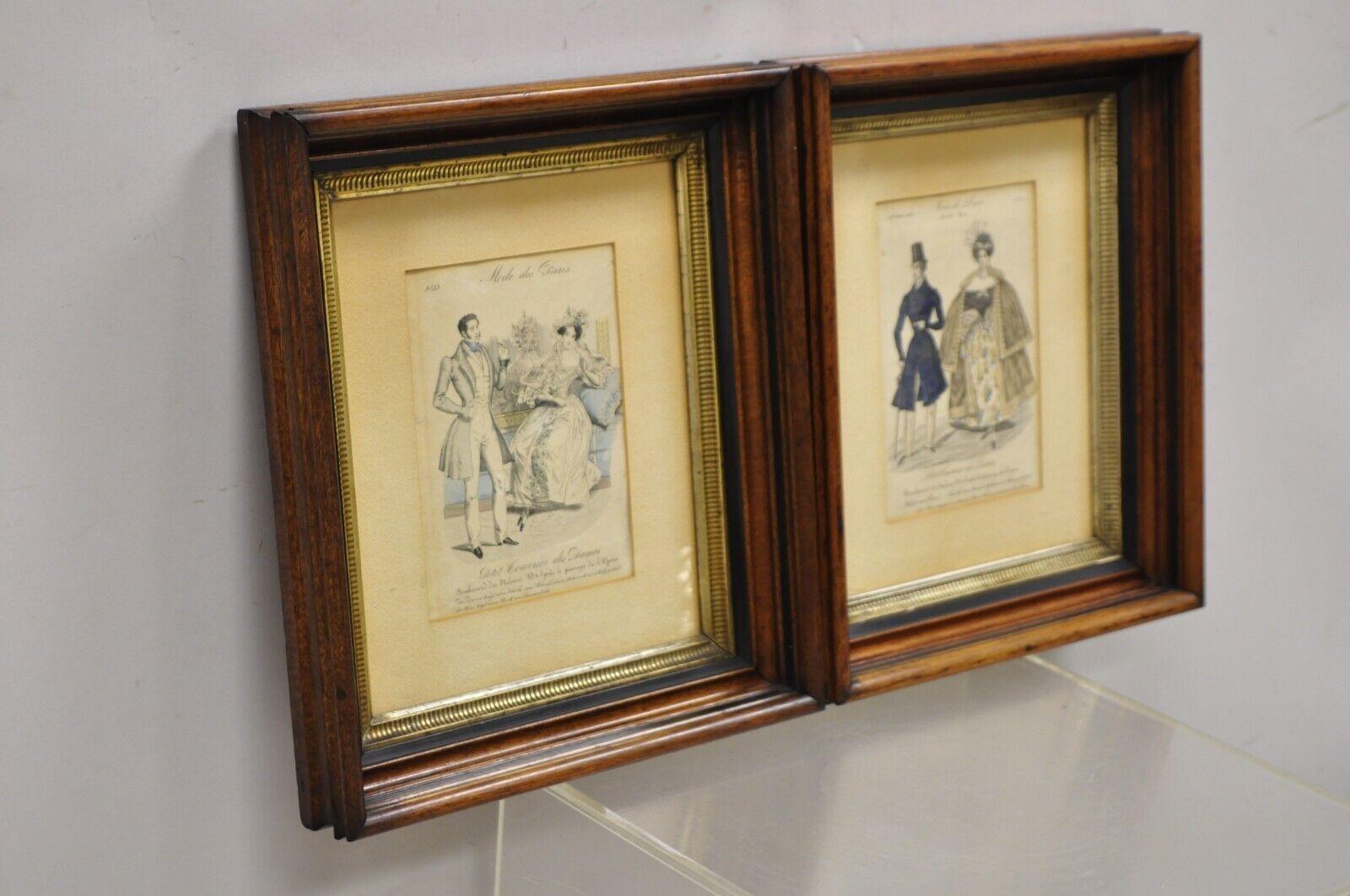 19th Century French 1830s Victorian Lithograph Print Couple Fashion Gown in Frames, a Pair For Sale