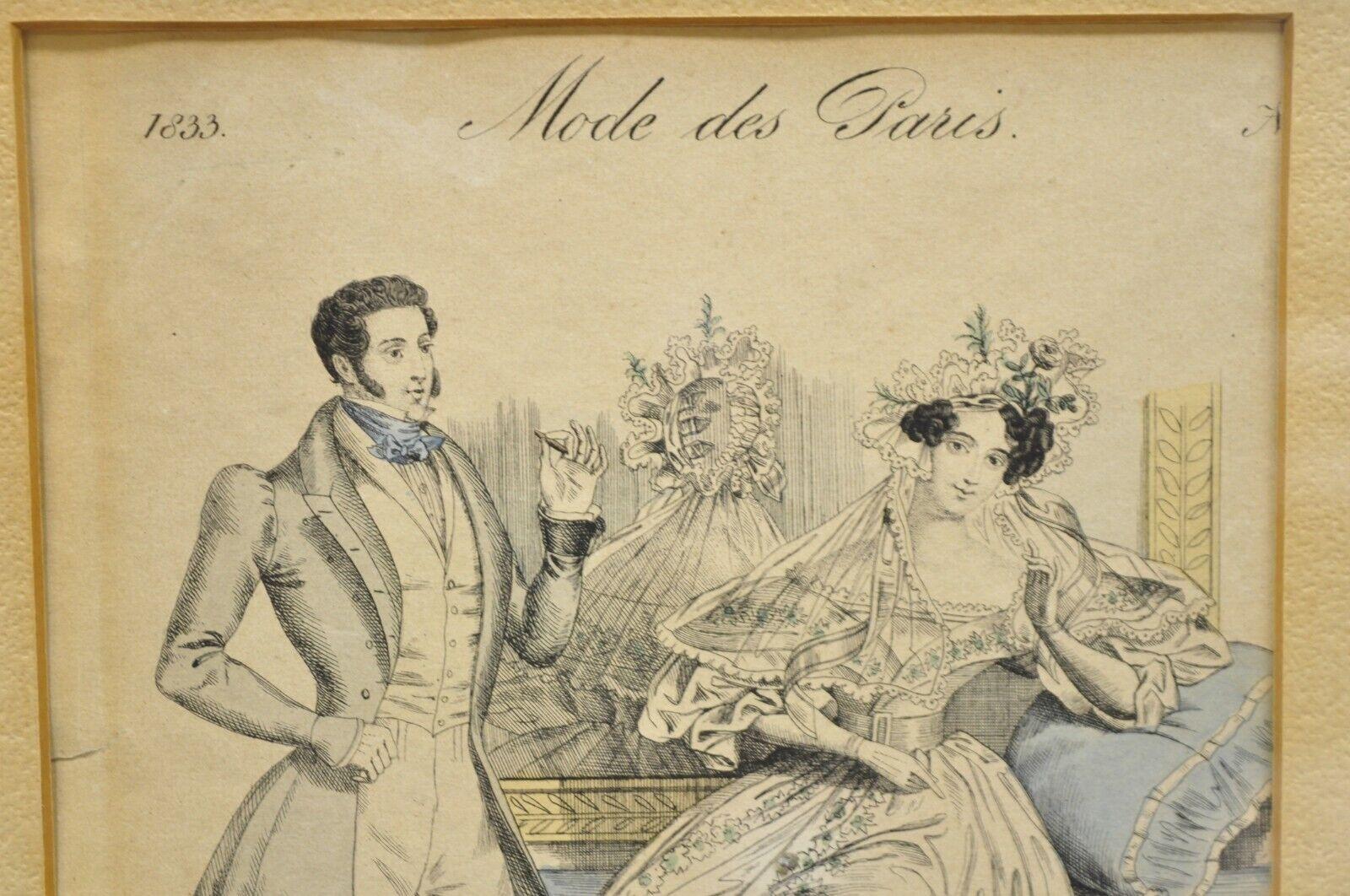 French 1830s Victorian Lithograph Print Couple Fashion Gown in Frames, a Pair For Sale 1