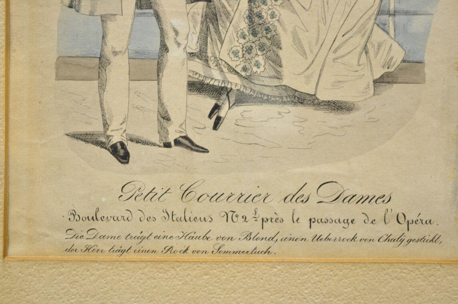 Französisch 1830er viktorianischen Lithographie Druck Paar Mode Kleid in Frames - ein Paar (Glas) im Angebot