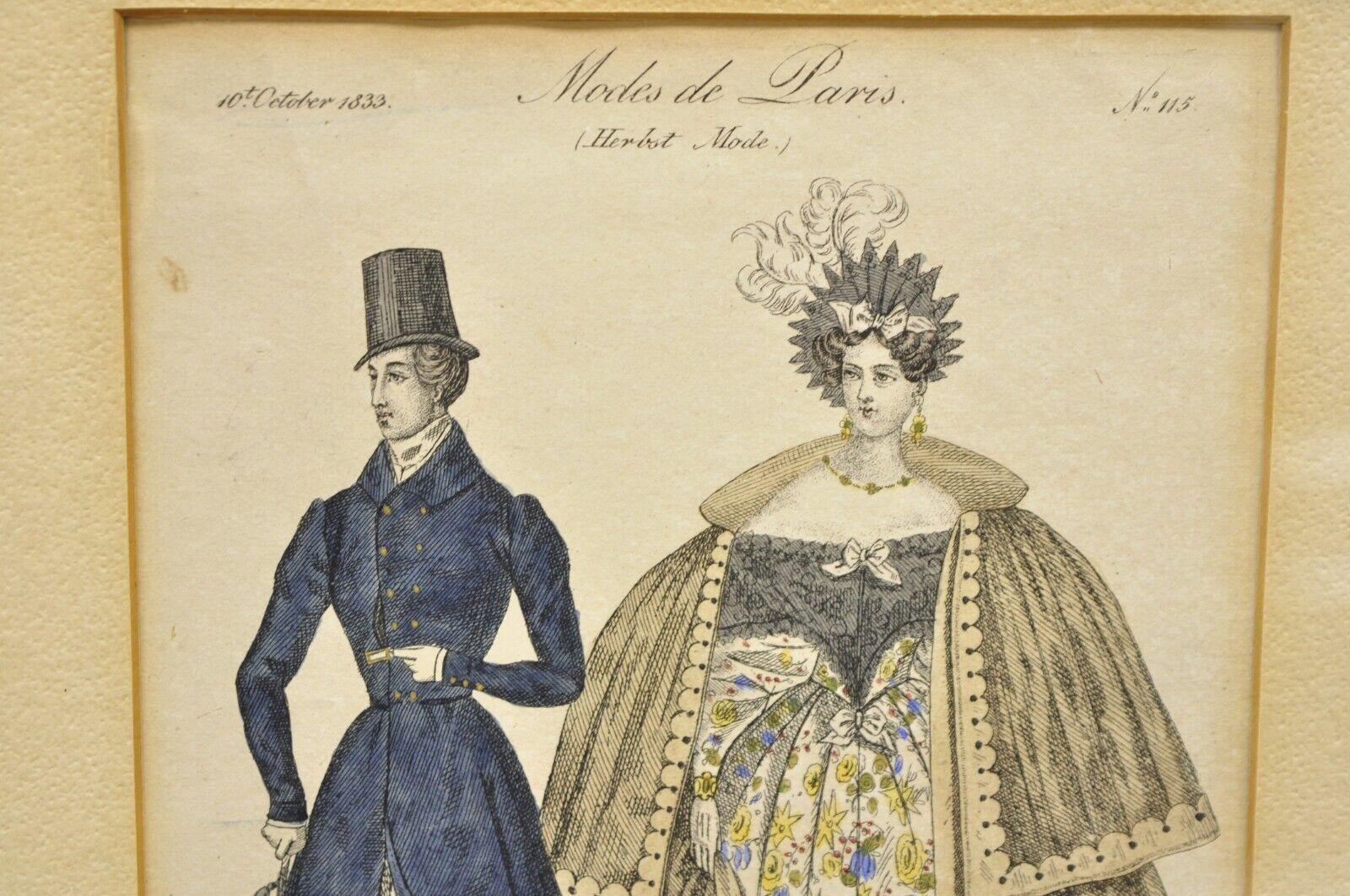 French 1830s Victorian Lithograph Print Couple Fashion Gown in Frames, a Pair For Sale 3