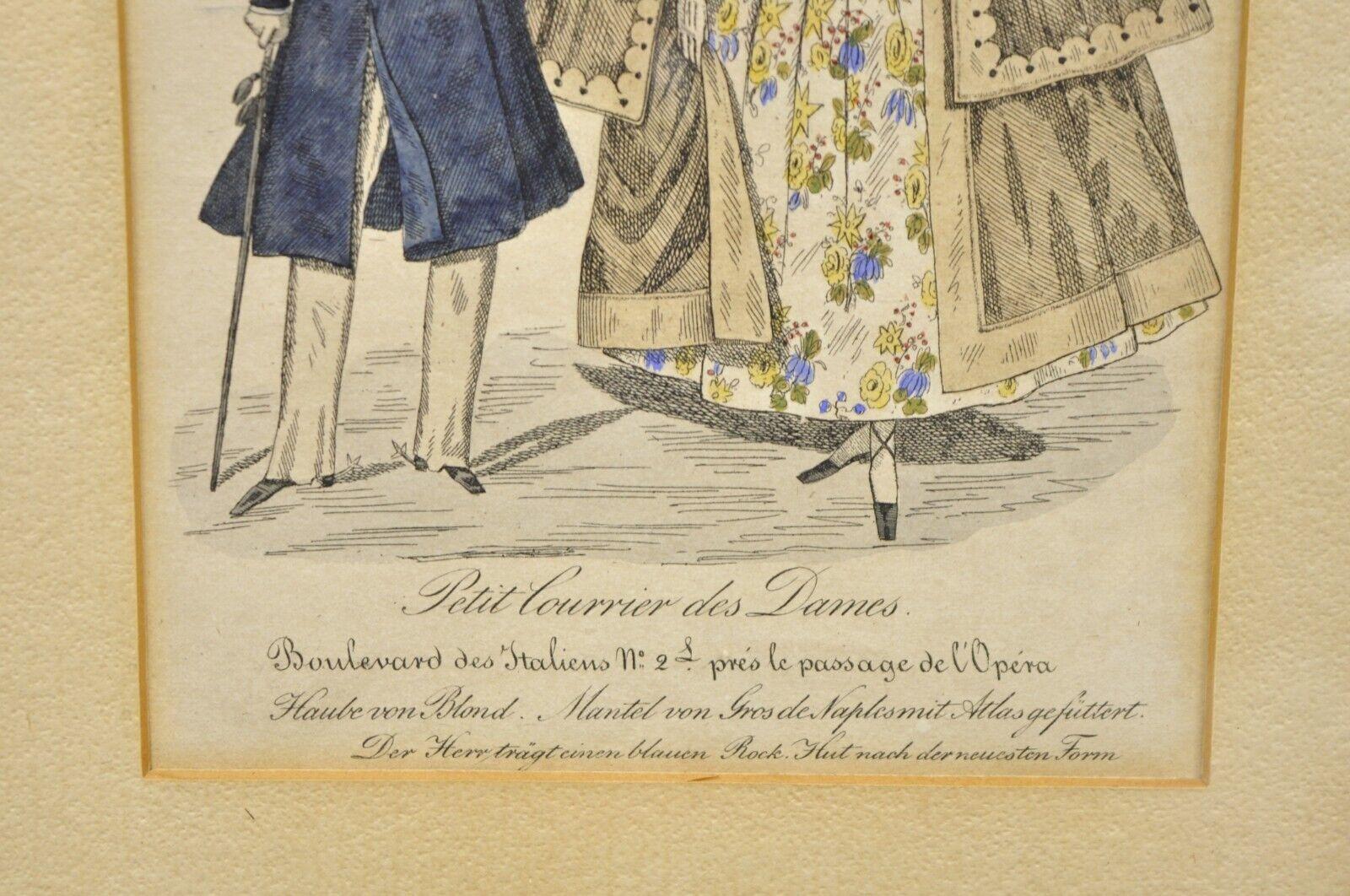 French 1830s Victorian Lithograph Print Couple Fashion Gown in Frames, a Pair For Sale 4