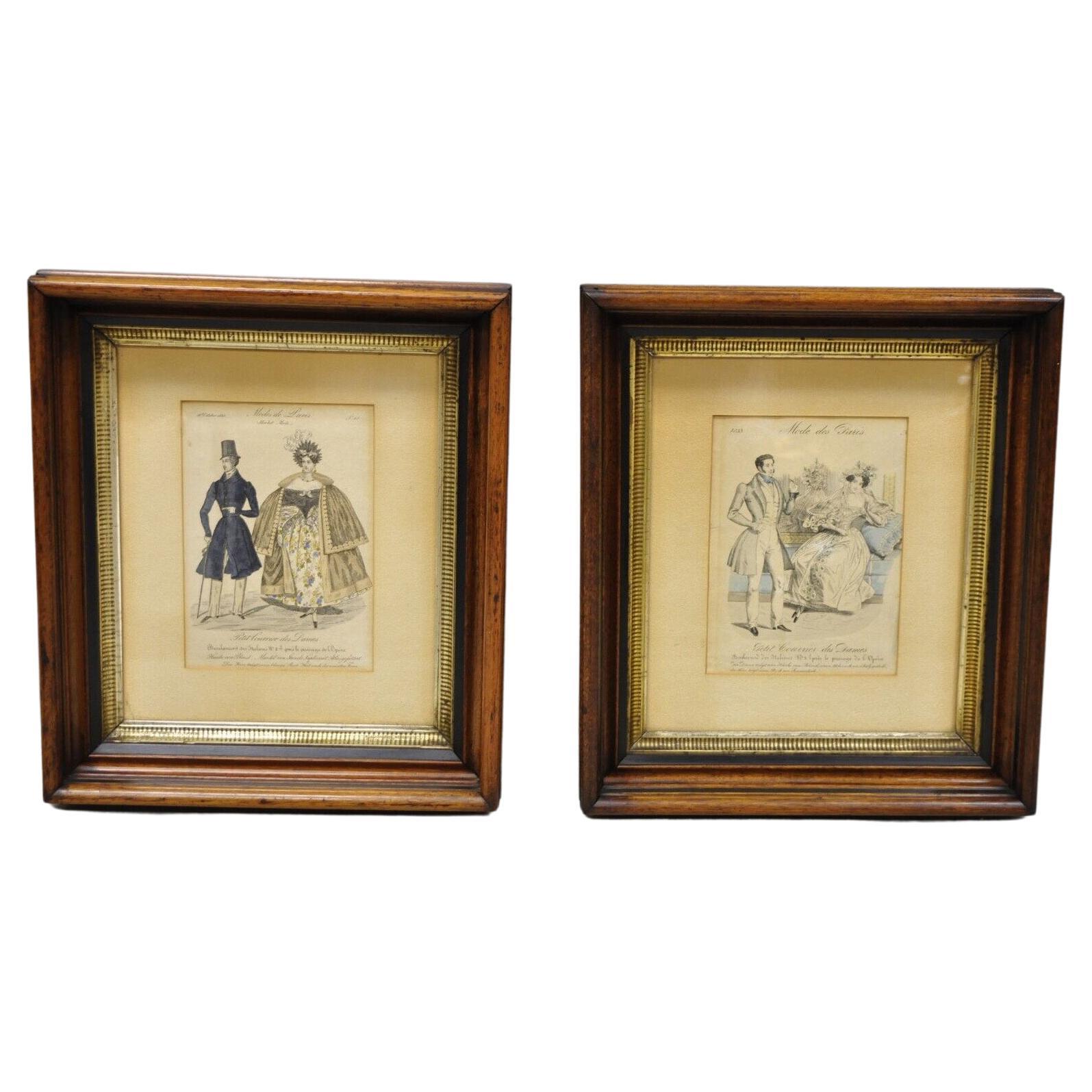 French 1830s Victorian Lithograph Print Couple Fashion Gown in Frames, a Pair For Sale