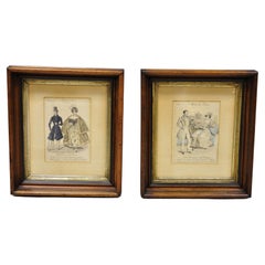 Französisch 1830er viktorianischen Lithographie Druck Paar Mode Kleid in Frames - ein Paar