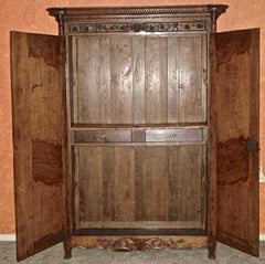 French 1837 Normandy Hand Carved Merrian Oak Armoire