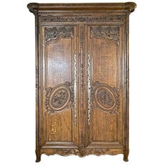 French 1837 Normandy Hand Carved Merrian Oak Armoire