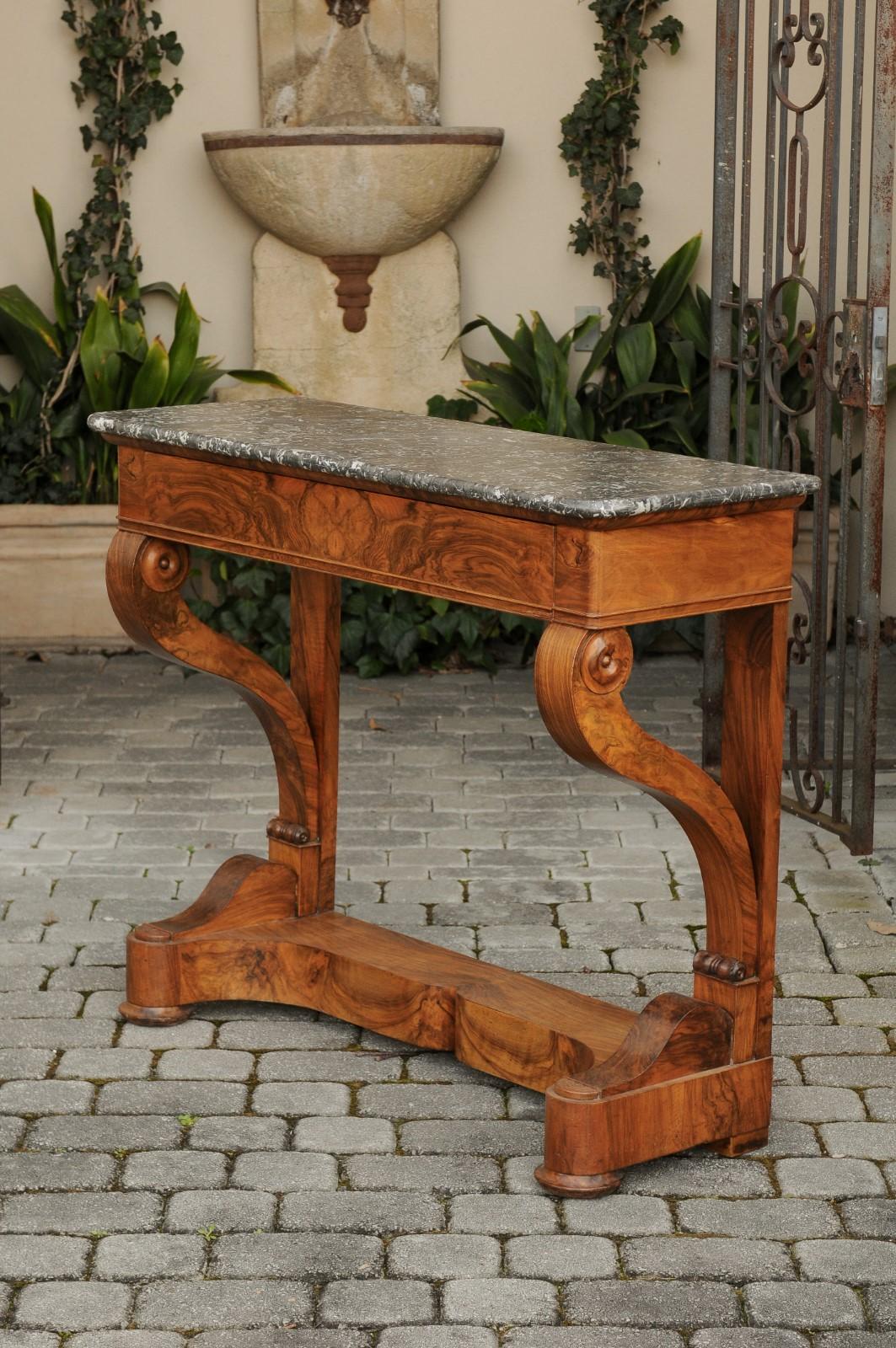 French 1840s Louis-Philippe Walnut Console Table with Grey Marble Top and Drawer 6