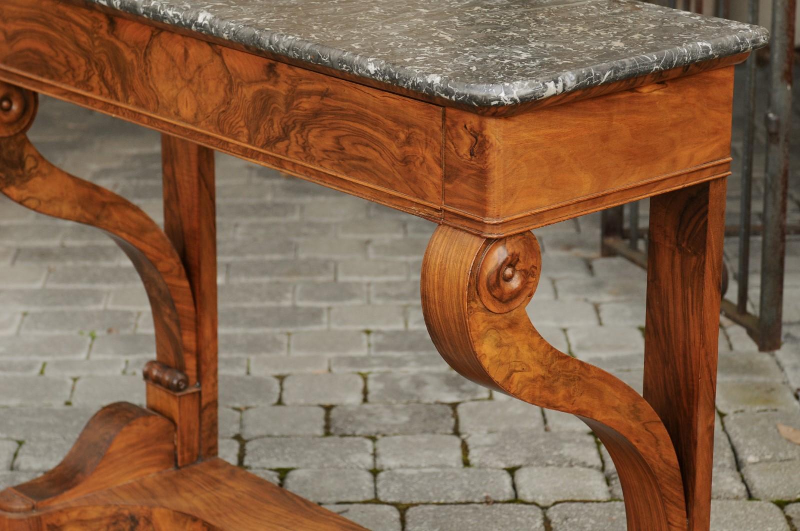 French 1840s Louis-Philippe Walnut Console Table with Grey Marble Top and Drawer 8