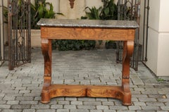 French 1840s Louis-Philippe Walnut Console Table with Grey Marble Top and Drawer