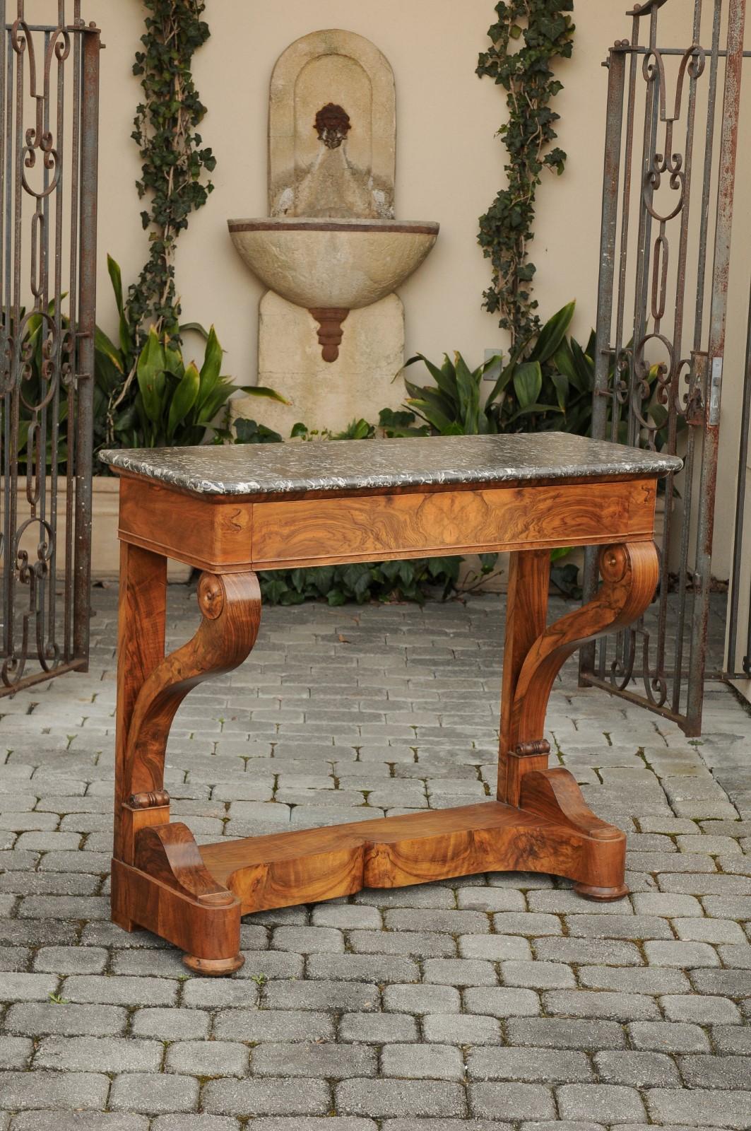 Veneer French 1840s Louis-Philippe Walnut Console Table with Grey Marble Top and Drawer