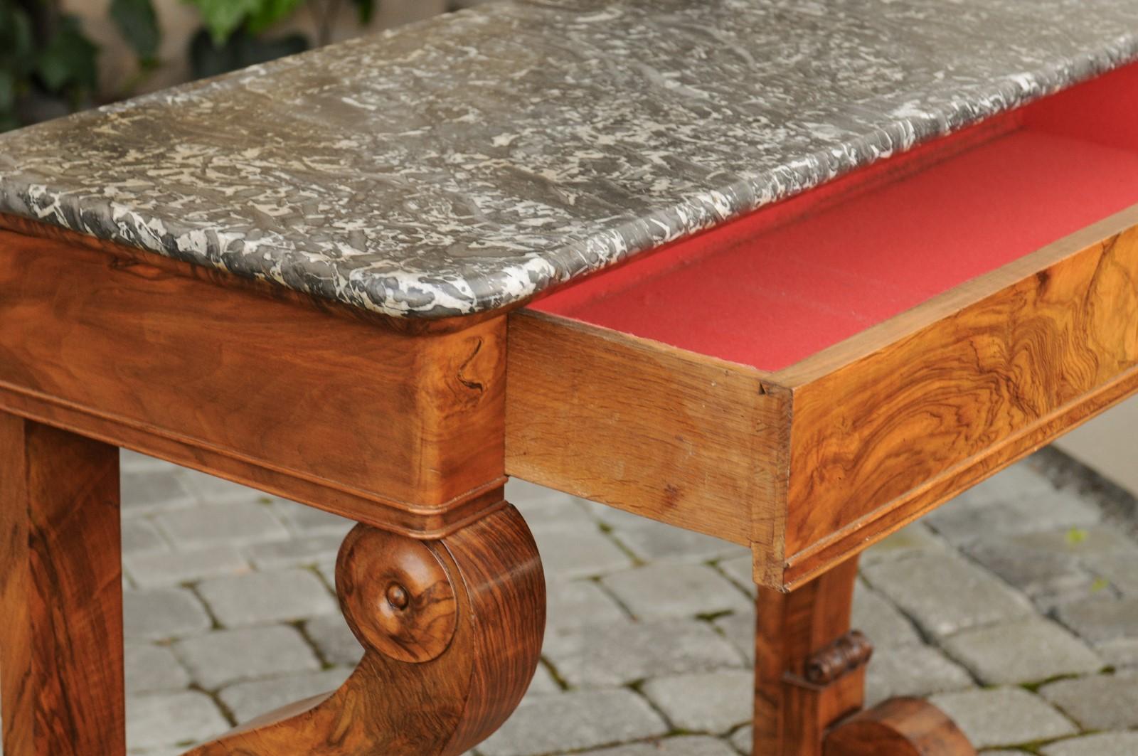 French 1840s Louis-Philippe Walnut Console Table with Grey Marble Top and Drawer 1