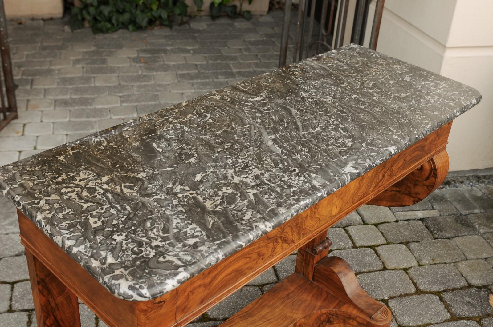 French 1840s Louis-Philippe Walnut Console Table with Grey Marble Top and Drawer 2