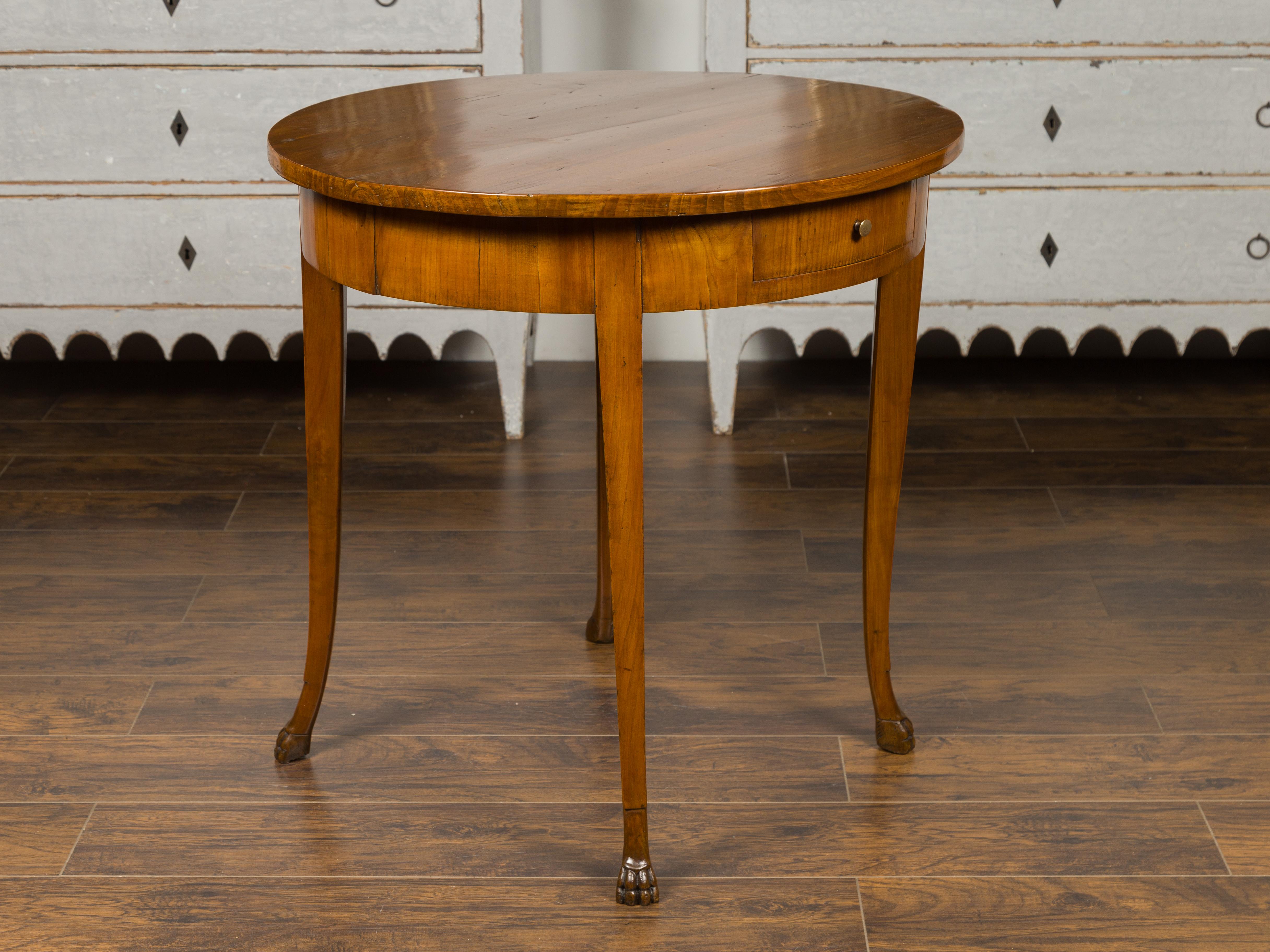 French 1840s Louis-Philippe Walnut Table with Single Drawer and Paw Feet 2