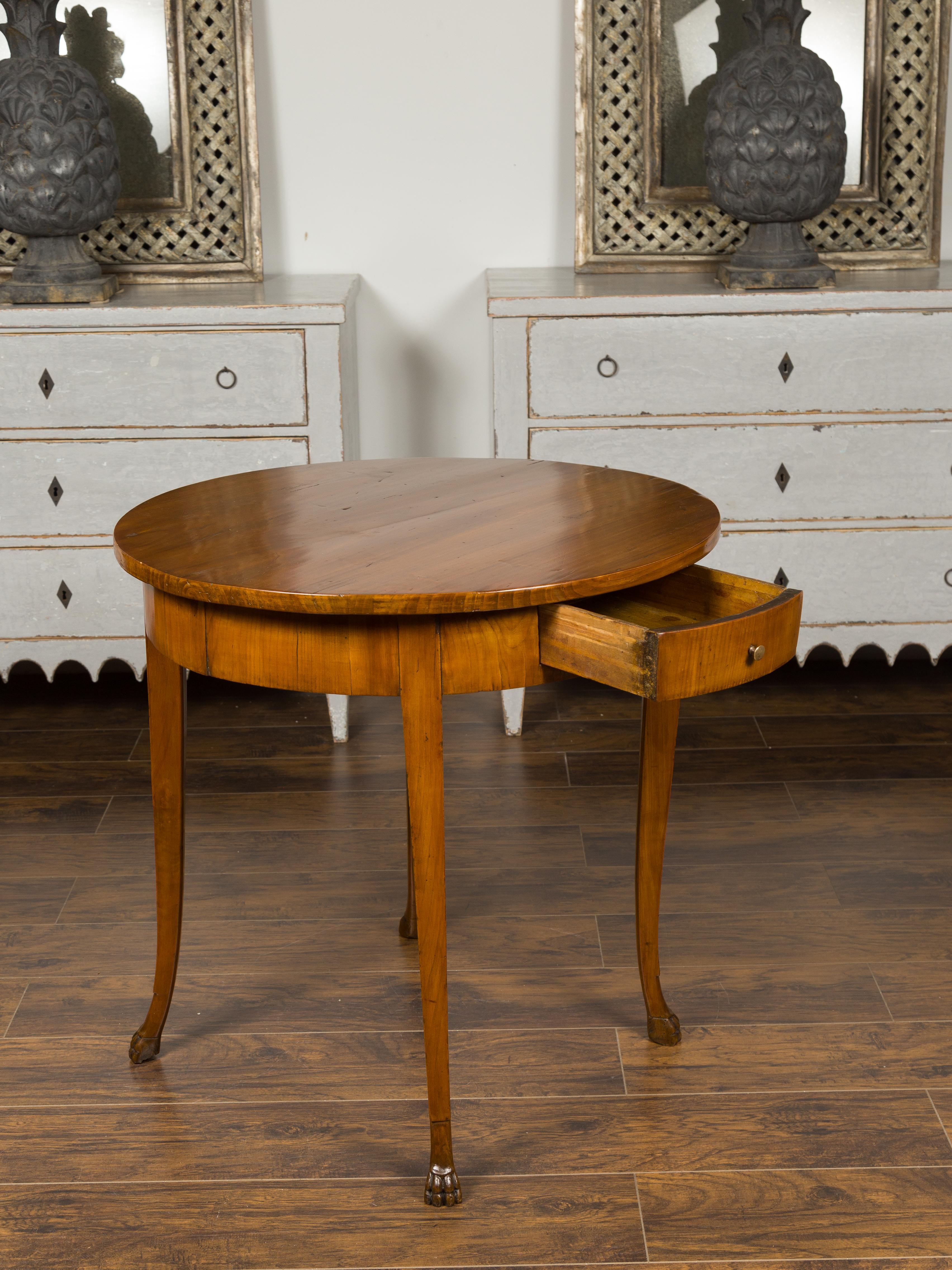 French 1840s Louis-Philippe Walnut Table with Single Drawer and Paw Feet 3
