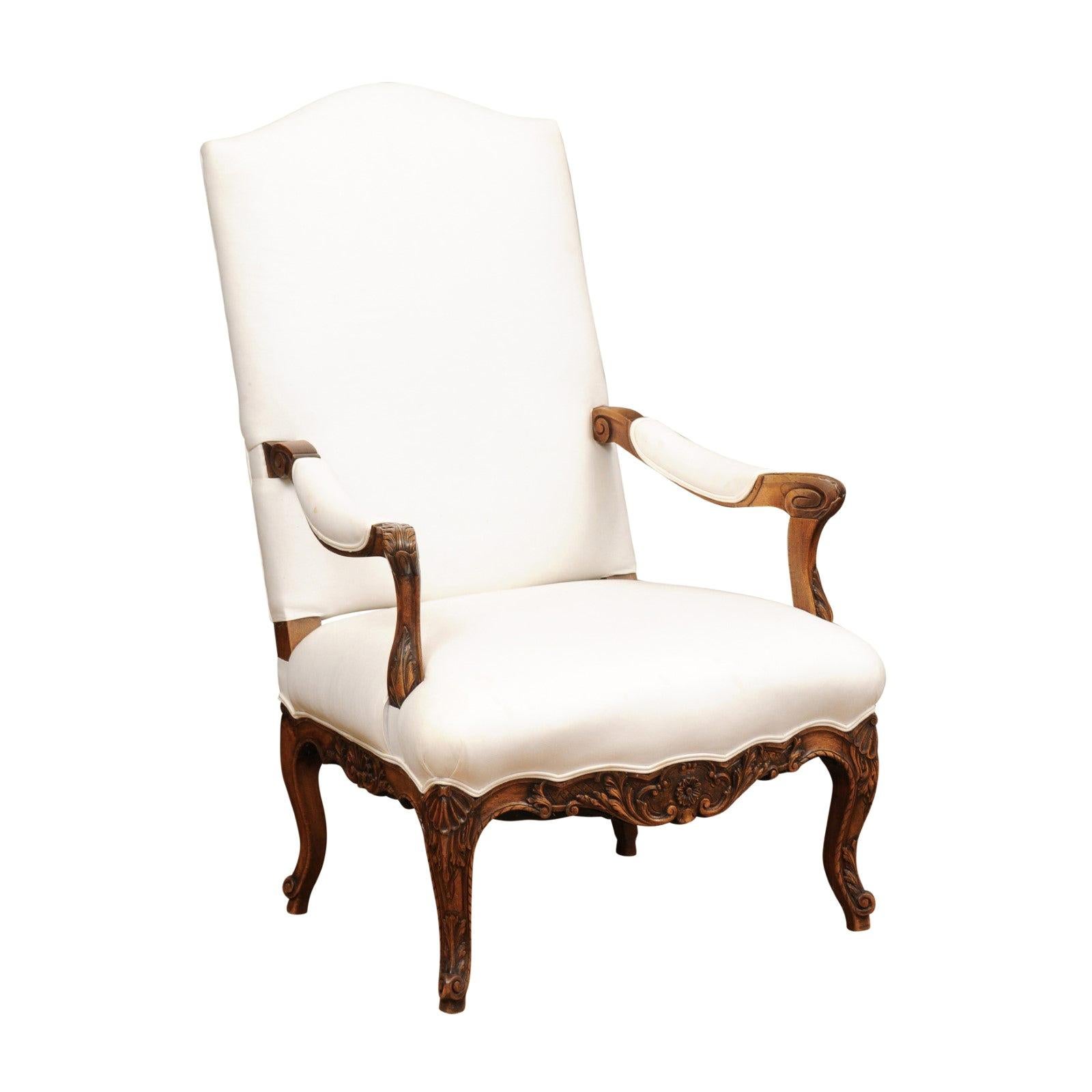 French 1840s Louis XV Style Walnut Fauteuil with Carved Accents and Upholstery For Sale