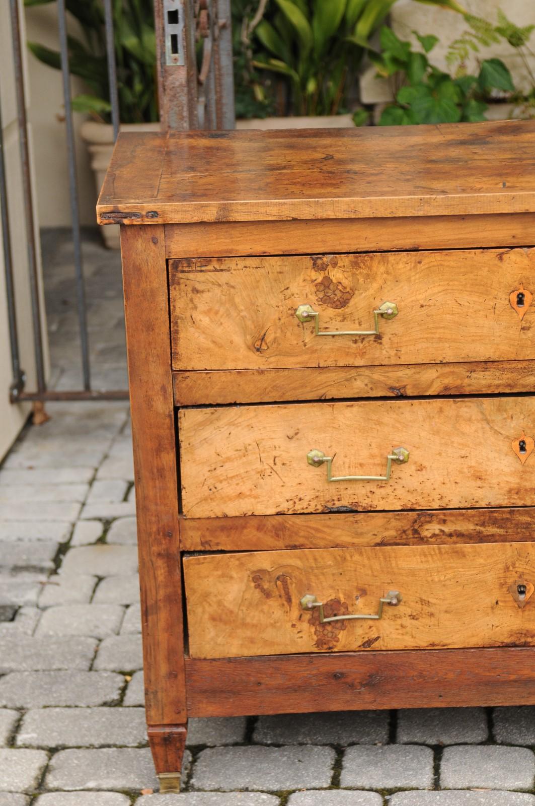 19th Century French 1840s Neoclassical Style Burl Elm Three-Drawer Commode with Tapered Feet