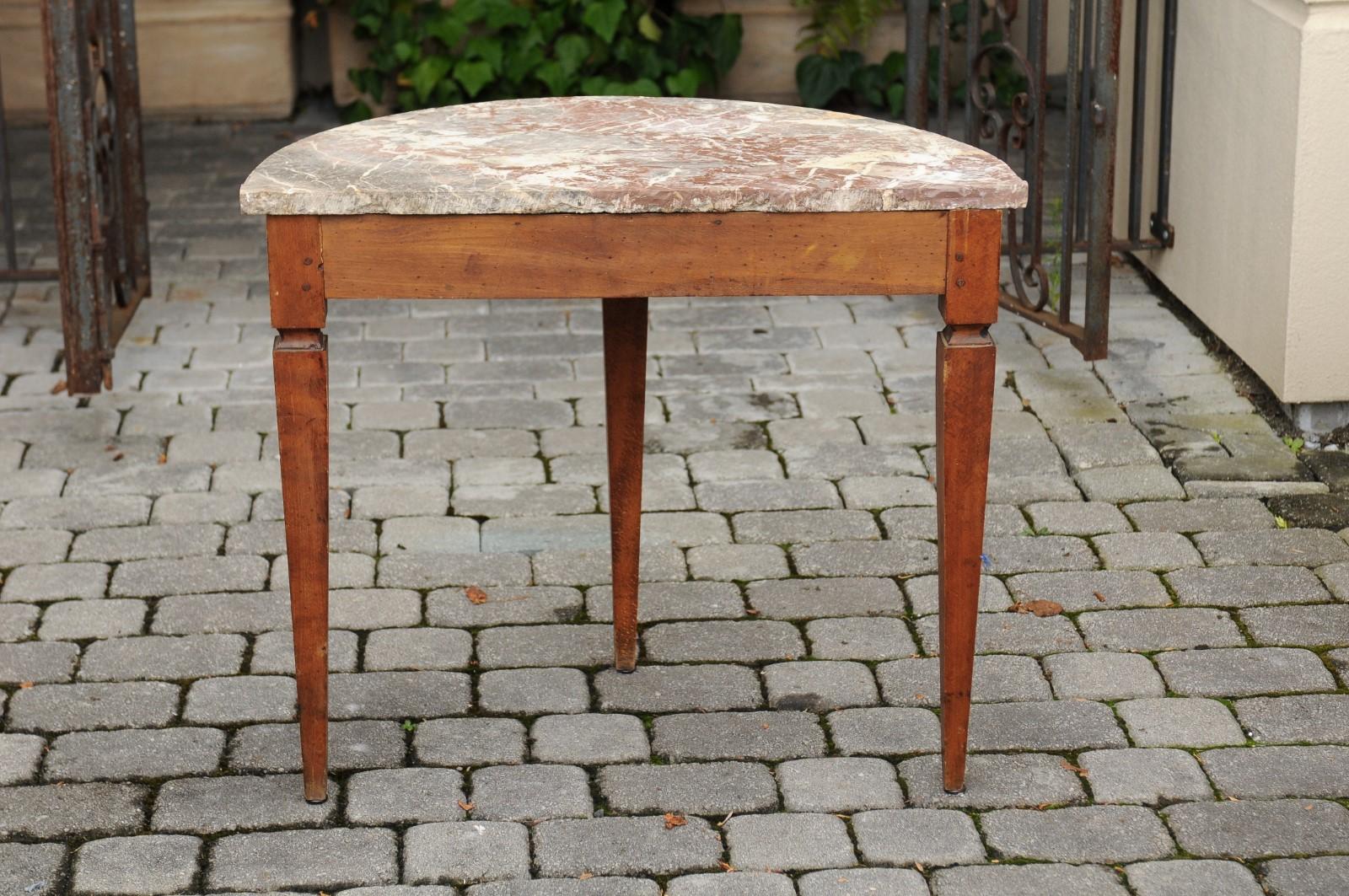 French 1840s Oak Demilune Table with Marble Top, Tapered Legs and Drawer 2