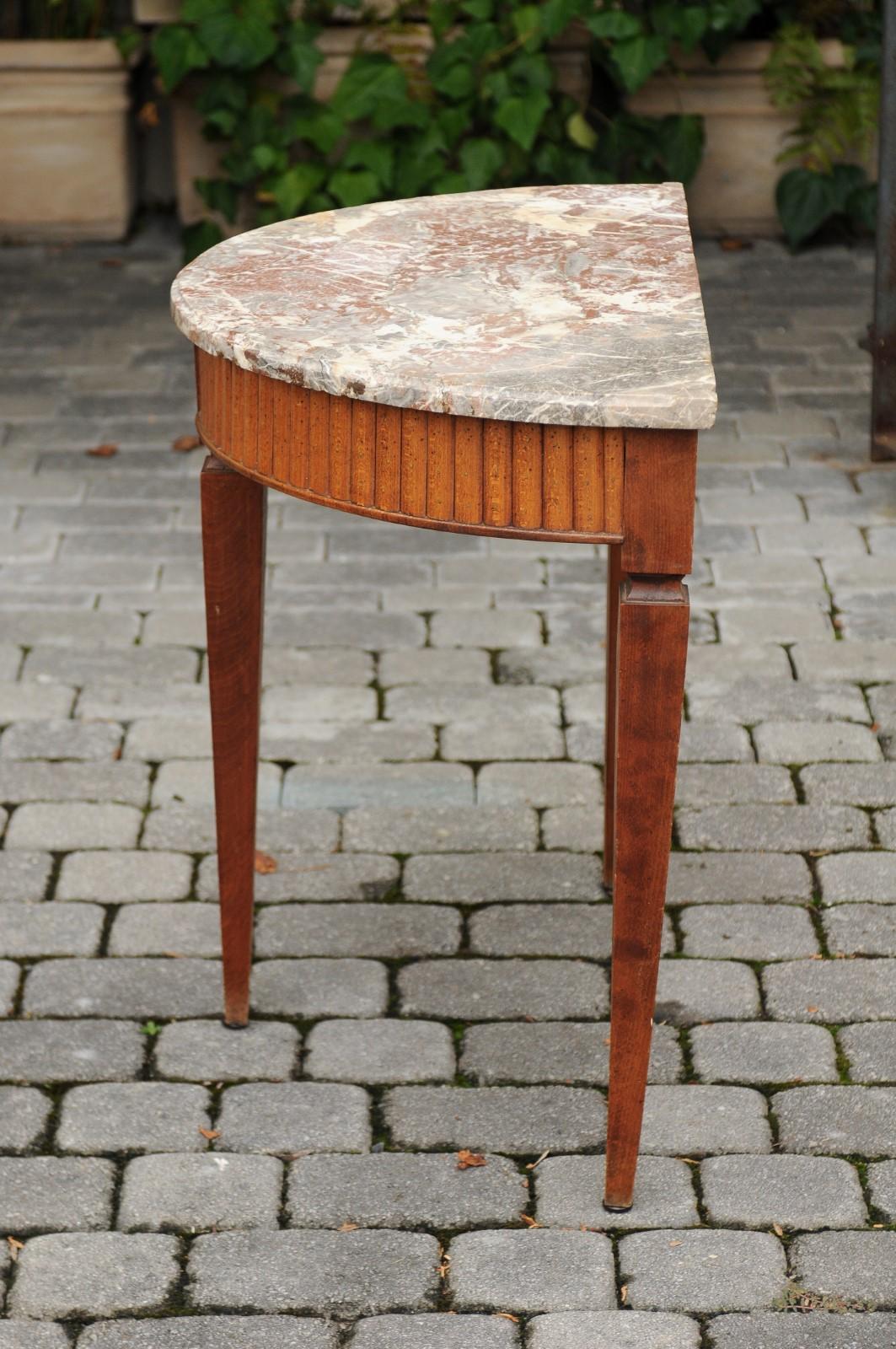French 1840s Oak Demilune Table with Marble Top, Tapered Legs and Drawer 3