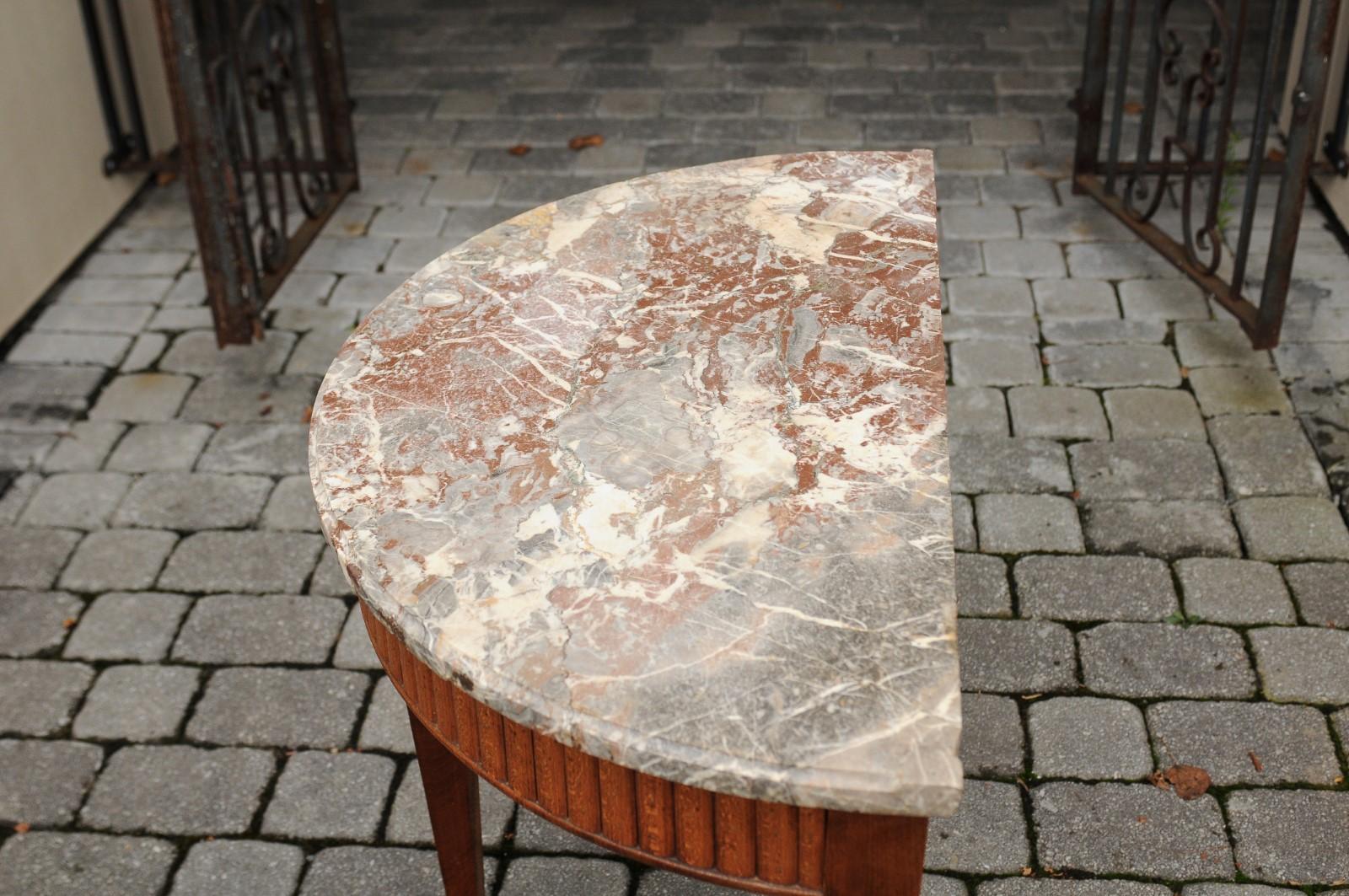 French 1840s Oak Demilune Table with Marble Top, Tapered Legs and Drawer 4