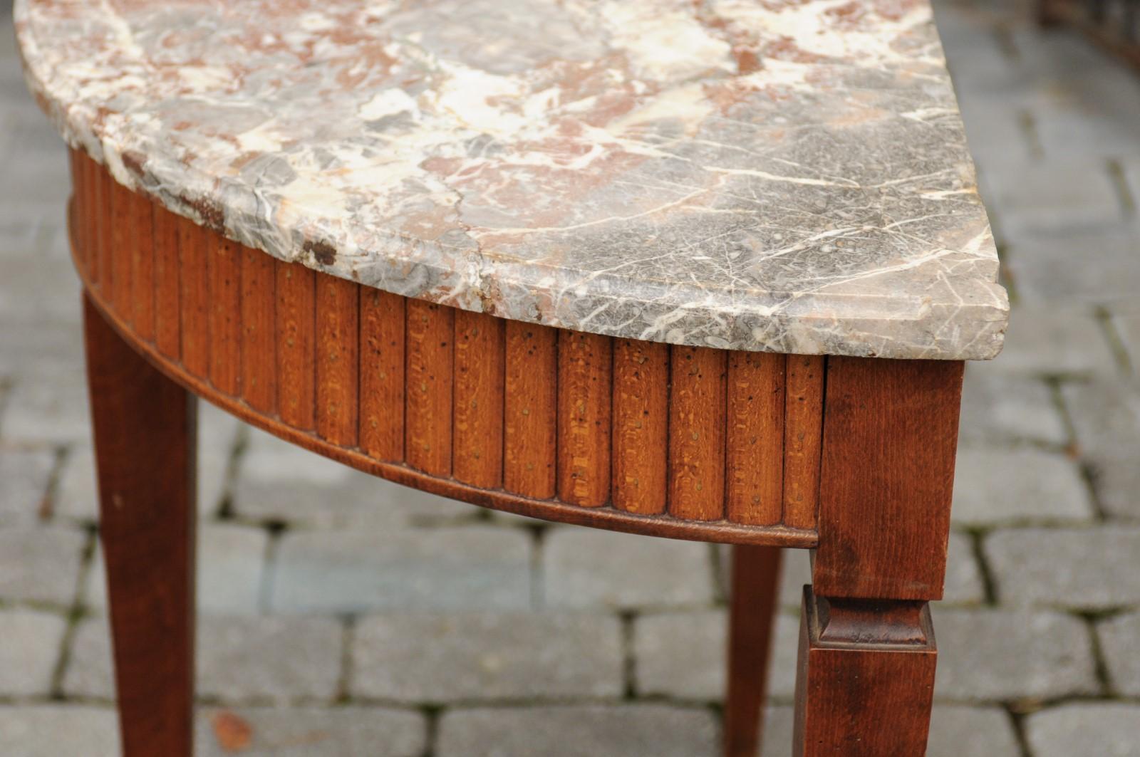 French 1840s Oak Demilune Table with Marble Top, Tapered Legs and Drawer 6