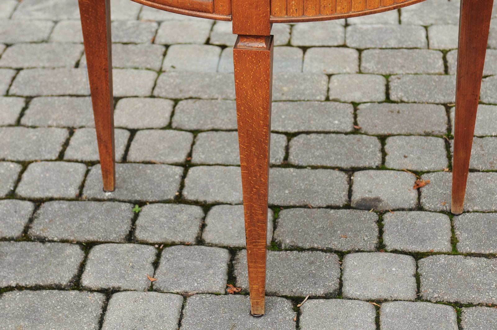 Neoclassical French 1840s Oak Demilune Table with Marble Top, Tapered Legs and Drawer