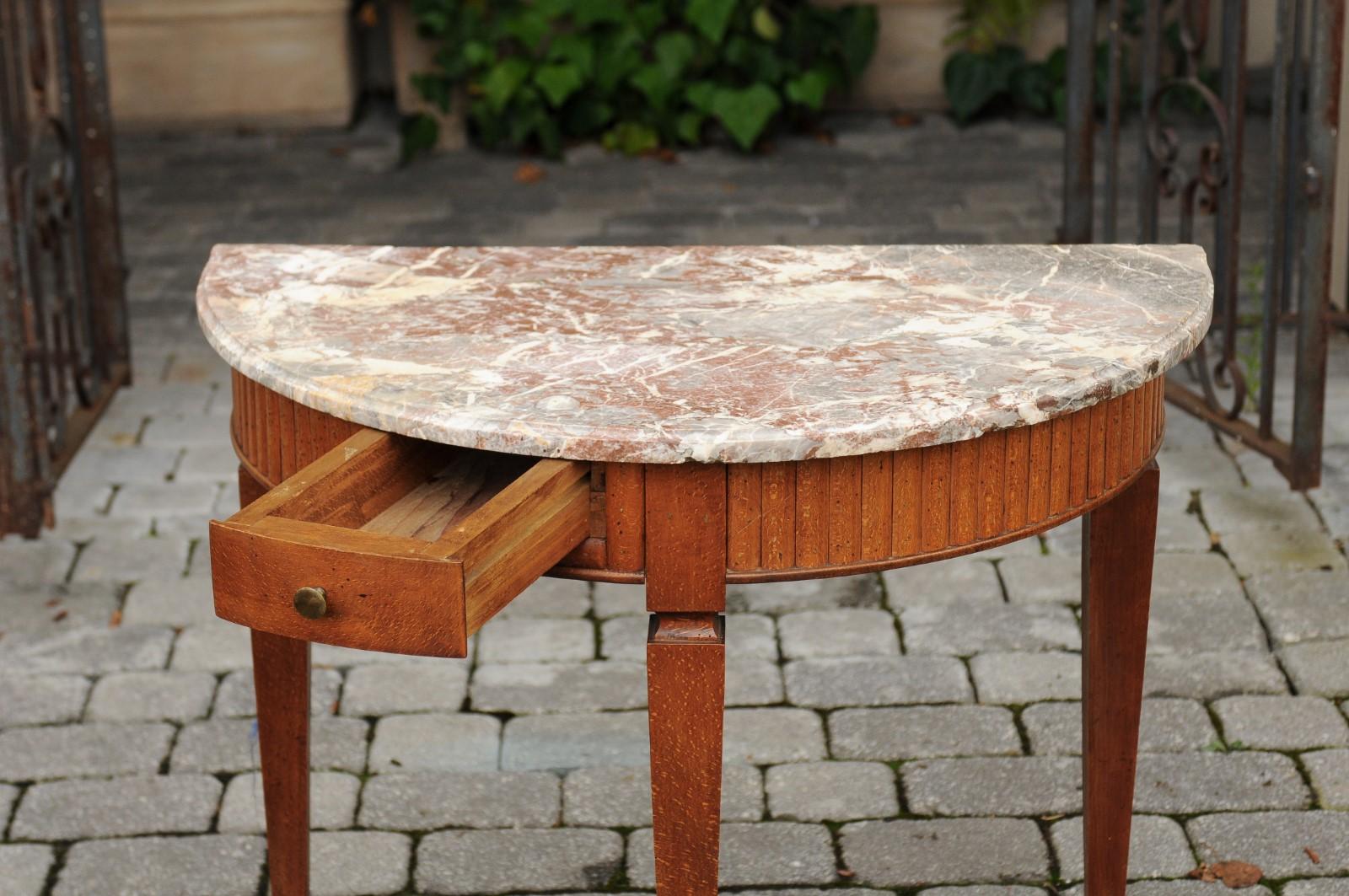 French 1840s Oak Demilune Table with Marble Top, Tapered Legs and Drawer In Good Condition In Atlanta, GA