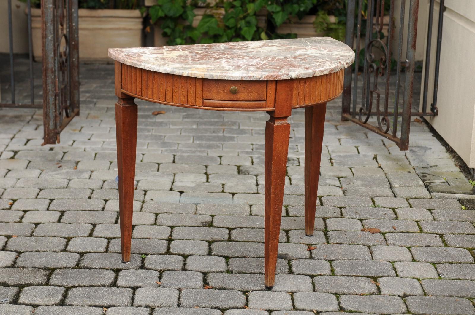 19th Century French 1840s Oak Demilune Table with Marble Top, Tapered Legs and Drawer