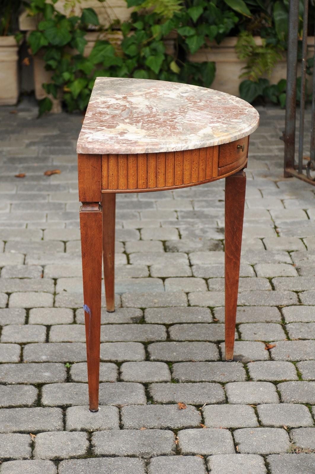 French 1840s Oak Demilune Table with Marble Top, Tapered Legs and Drawer 1