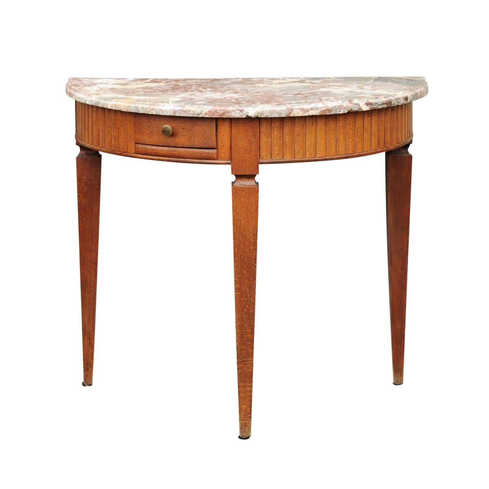 French 1840s Oak Demilune Table with Marble Top, Tapered Legs and Drawer
