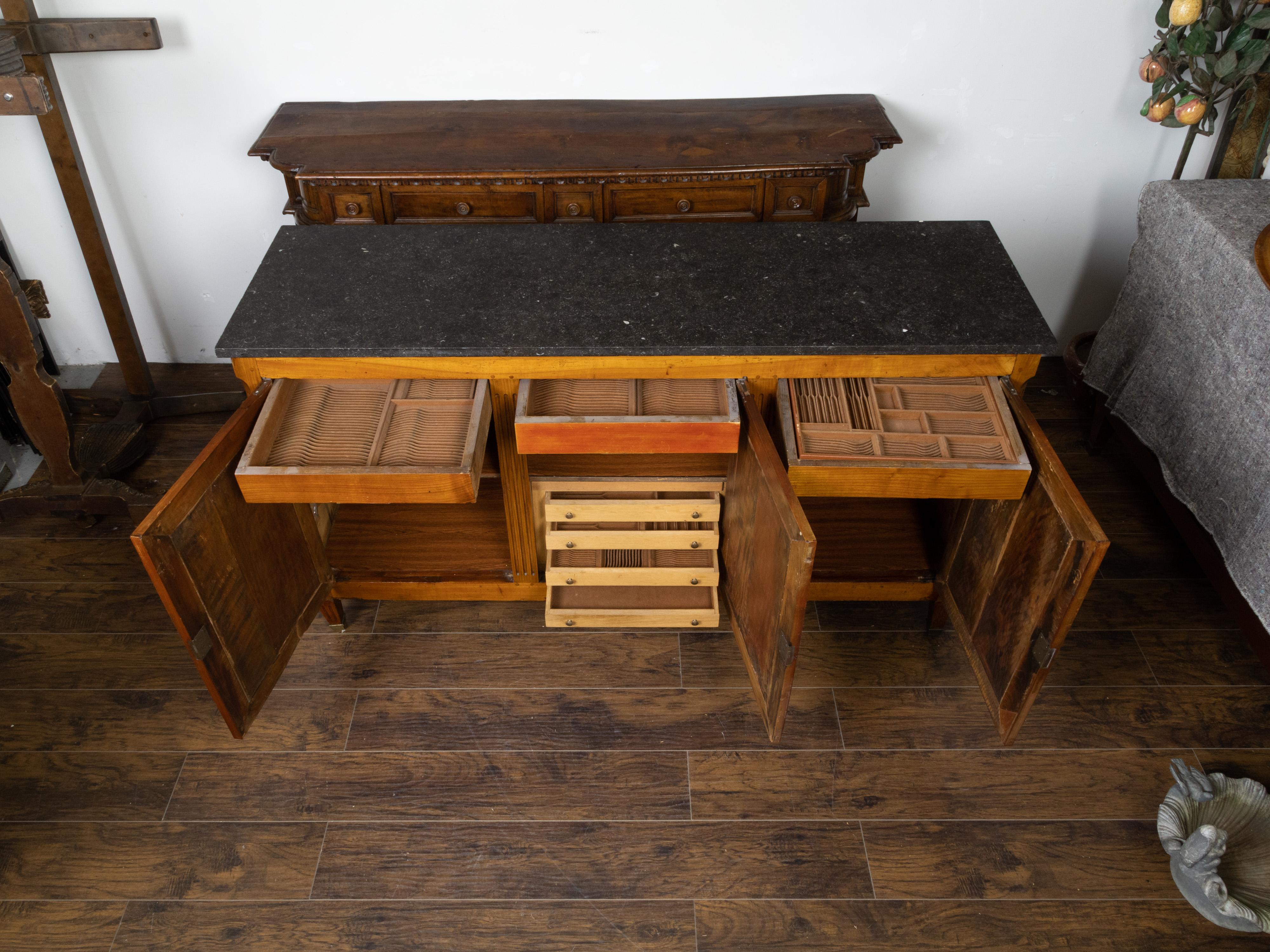 French 1840s Walnut Enfilade with Black Marble Top and Silverware Drawers In Good Condition In Atlanta, GA