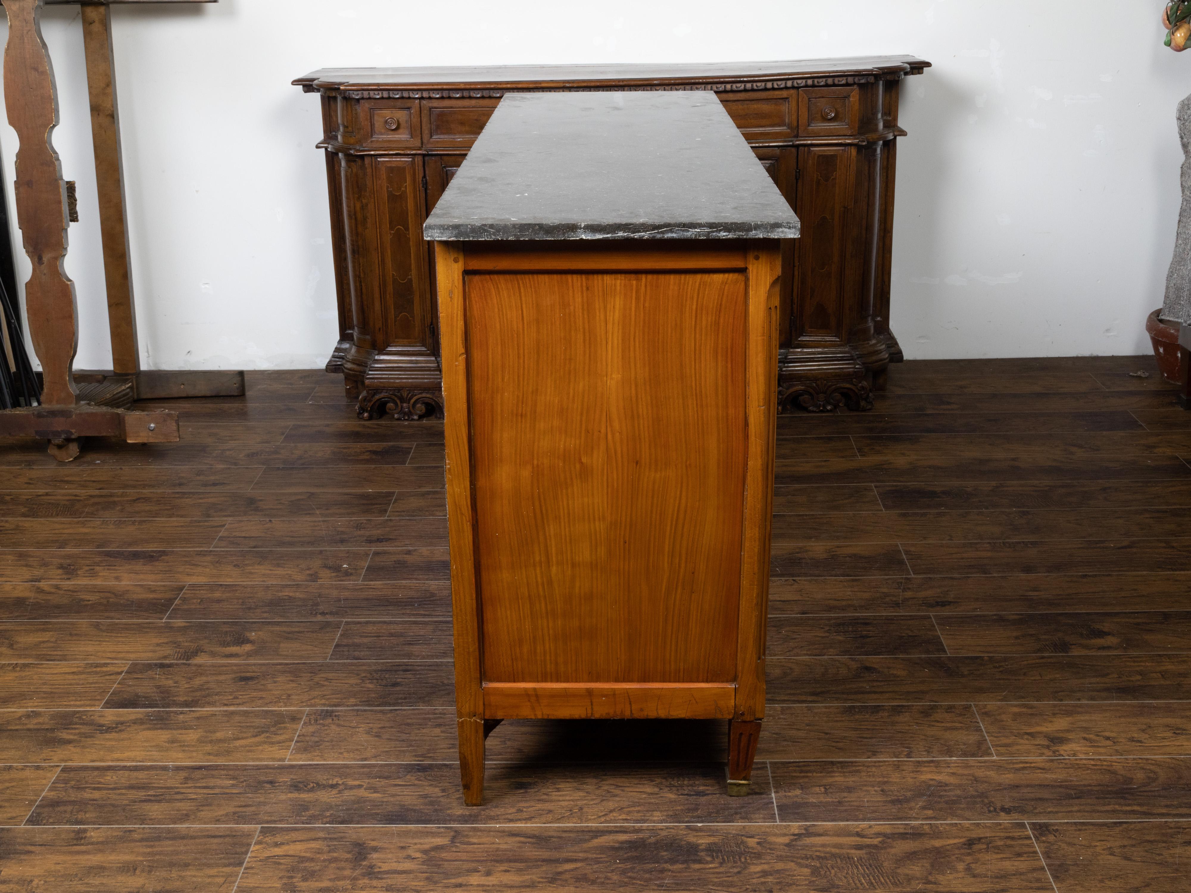 Brass French 1840s Walnut Enfilade with Black Marble Top and Silverware Drawers
