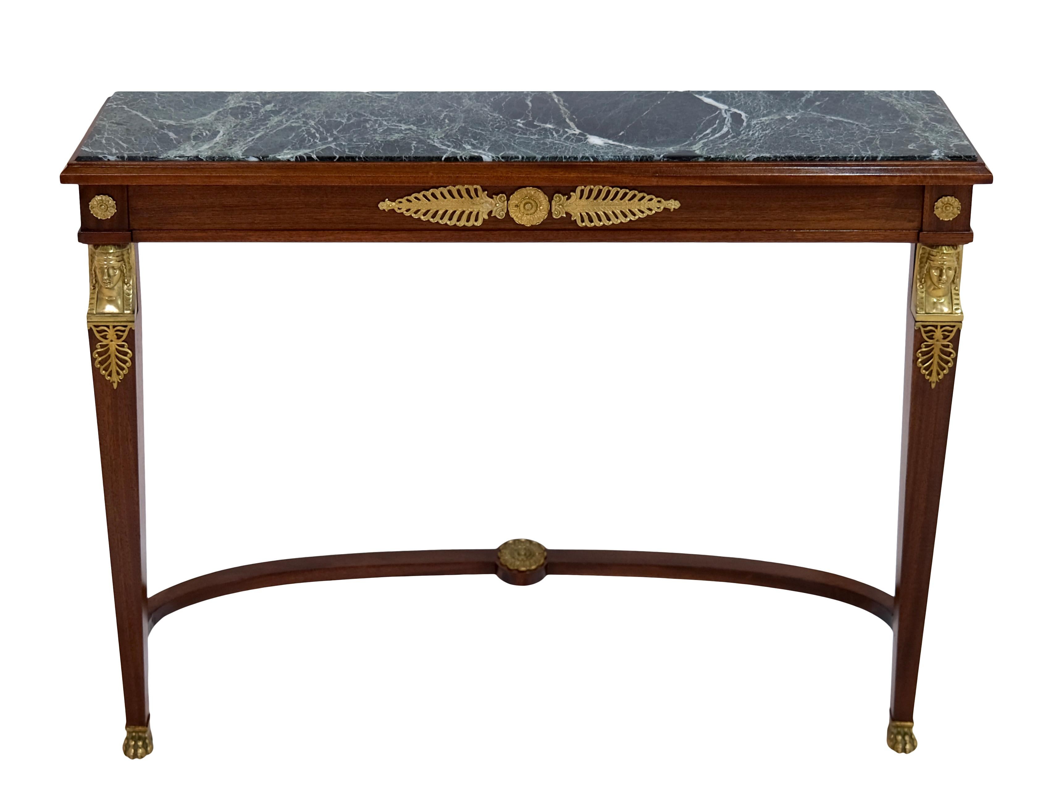 Console, also available as a pair
mahogany, shellac hand polished
Marble top
All fittings and bronzes original

Empire (2nd period), France 1850/60s

Dimensions:
Width: 110 cm
Height: 86 cm
Depth: 25 cm